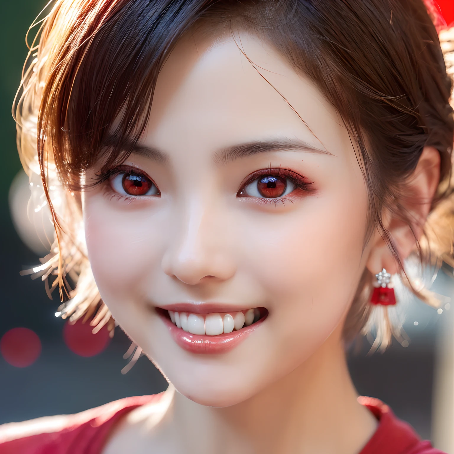 (((masutepiece、top-quality、Everything is supremely intricate and perfectly detailed)))、(((((eyes glowing red、Eyes with a red glow、Red eyes that glow like lights、Her eyes glow red)))))、((美丽的面容、face perfect、Accurate face、Precise teeth、Beautiful teeth、Beautuful Women、adultlike face、30-years old、Long、short-hair、Photoreal Beauty、Beautiful smile looking at the camera、close up of face、Beautiful white teeth、blurry backround、Half Japan and half Spanish))