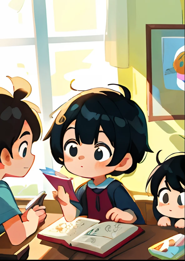 high detal、Hyper-detailing、8K、Ultra-high resolution cute boy，Cute and innocent girl，Gamine，toddlers，Q version，Many children discuss textbook issues together，Hold a textbook，Classes at school，warm sun sprinkling on her，，Added a playful vibe，rodeado por livros