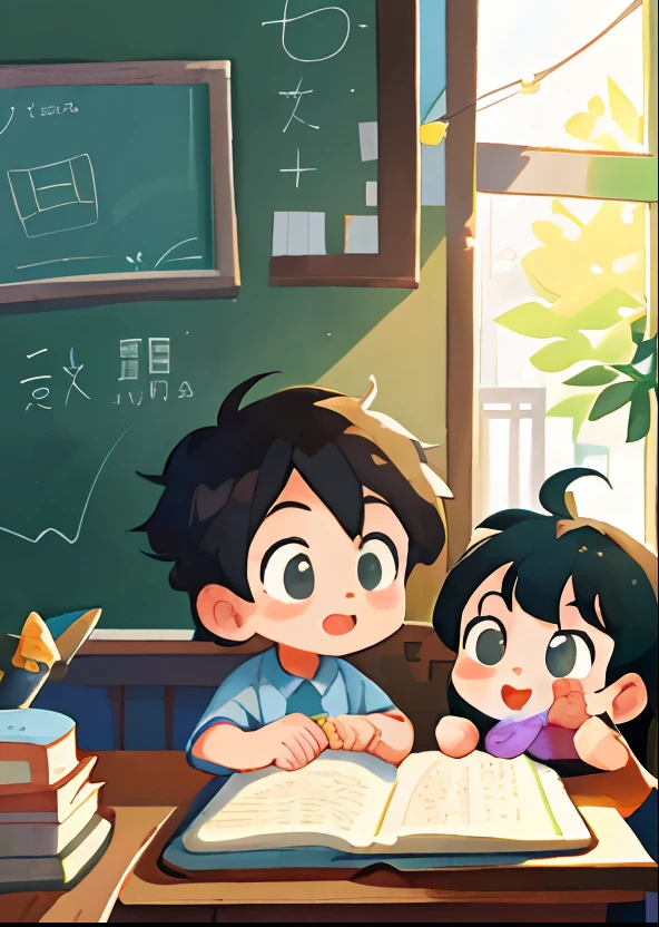 high detal、Hyper-detailing、8K、Ultra-high resolution cute boy,Cute and innocent girl,Gamine,ddlers,Q version,Many children discuss textbook issues together,Hold a textbook,Classes at school,warm sun sprinkling on her,,Added a playful vibe,rodeado por livros