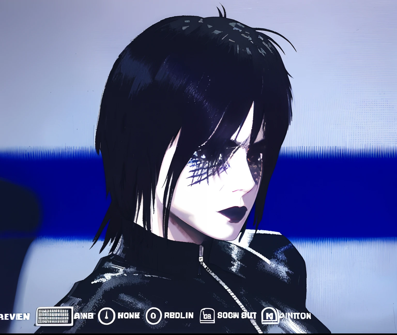 there is a picture of a person with black hair and a black jacket, detailed punk hair, jet black haired cyberpunk girl, styled like ghost in the shell, cyberpunk dyed haircut, raven black hair, aeon flux style, raven hair, black feathers instead of hair, mall goth, she has black hair with bangs, style is a blend of æon flux