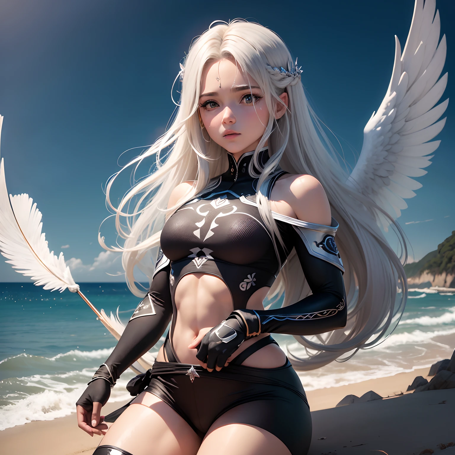 Melhor Qualidade Obra-Prima Um Anjo Guerreiro Incrivelmente Bonito olhos azuis Longos Cabelo Preto Asas brancas Vestindo Roupas brancas E Intrincada Utra Detalhado 8K Extremamente Realista E Detalhado