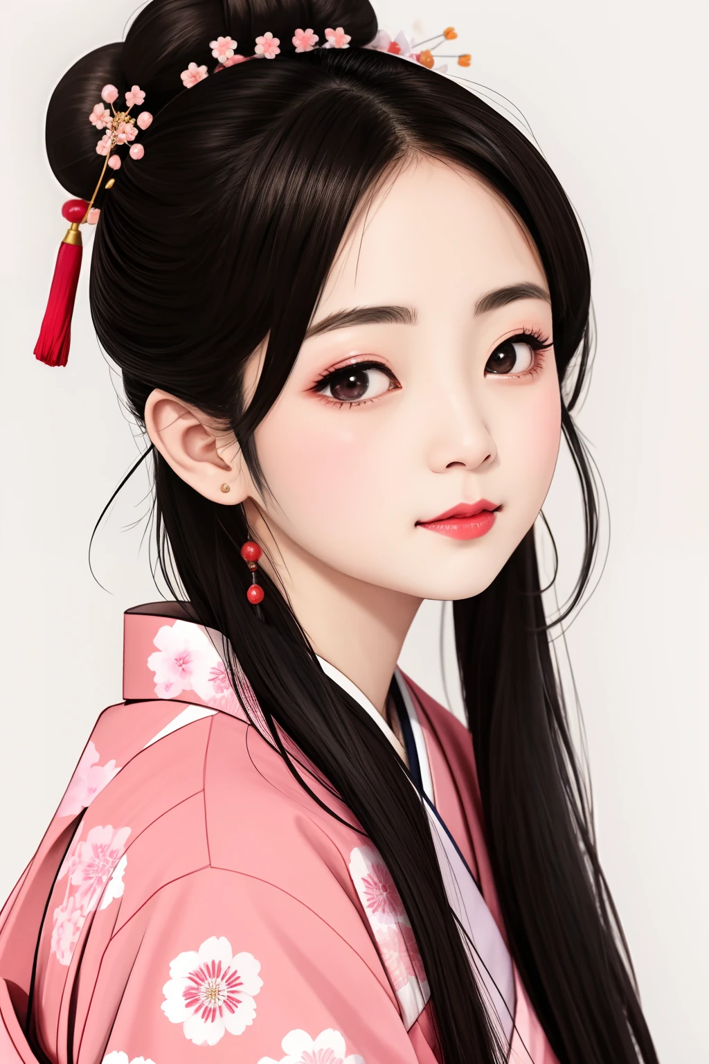 ((Big、a small face、No exposure))、top-quality、masterpiece、(Bun hair Black hair、Ponytail hair)、Brown eyes、⦅From the buttocks up is the whole body、Diagonally horizontal⦆、(4In K、masterpiece、hight resolution、Realistic and beautiful light and shadow、One girl、Solo Focus、(top-quality)、(Hi-Res)、(extremely delicate and beautiful)、(Beautiful 8k face)、(I close my eyes while smiling.)、(独奏)、(Clear skin)、(Soft hair)、(7headed body)、(Japanese style yukata kimono with red and pink floral pattern isolated on white background、Beautiful girl in Japan wearing yukata)、((Hair in a bun))、((Tanabata decoration background))、((a small face))、(reality)、thin and small nose、(red lipsticks)、(Reddening cheeks)、(Lustrous skin)、((Ukiyo-e style))、Ultra-thin eyebrows、Ultra high image quality、(Wearing maiko-style makeup)、skin whitening、long and beautiful lashes、Lustrous skin that changes like a model in a Kyoto magazine、(Red-dyed cheeks),Nasal muscle