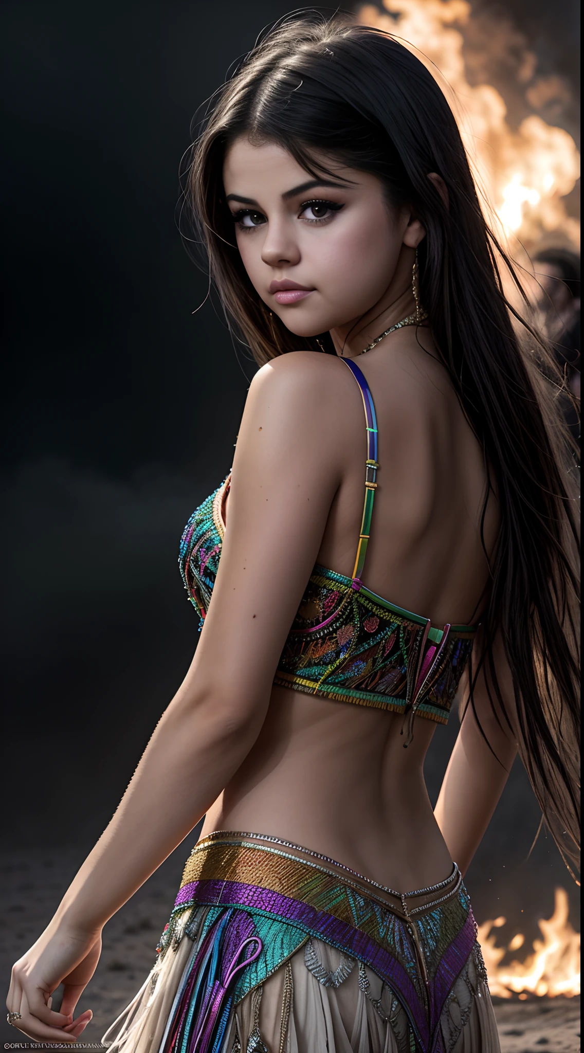 a sexy asian woman, 1girl, bikini, athletic, big butt, long hair, intricate hairstyle, henna calligraphy tattoo on back, holding hair up, (best quality,4k,8k,highres,masterpiece:1.2),ultra-detailed,(realistic,photorealistic,photo-realistic:1.37),HDR,UHD,studio lighting,ultra-fine painting,sharp focus,physically-based rendering,extreme detail description,professional,vivid colors,bokeh,portrait, her back is to the viewer, show all of her, show her head to toe