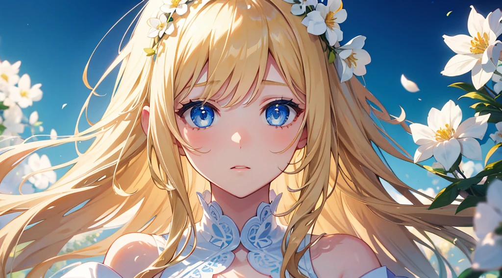 masterpiece, best quality, standing, light smile, long hair, bangs, blue eyes, 4'11 petite and thin moe anime girl with long, silky golden blonde hair flowing freely down her back. She has pale and soft skin accompanied by big, captivating blue eyes with naturally long and curled eyelashes. Her cute rosy cheeks and soft, pink lips add to her delicate, pretty appearance. With her delicate, pretty appearance and perfect, plump, huge, squishy yet firm, round, perky anime-like boobs, she exudes a youthful charm that makes her the embodiment of a moe anime girl.