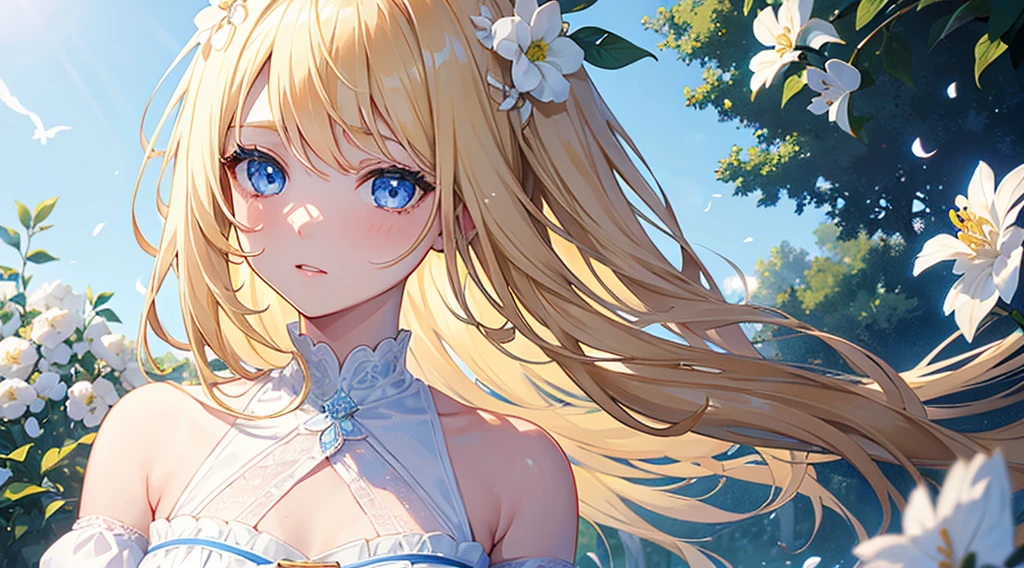 face, 1girl, blonde hair, long hair, blue eyes, teary-eyed, white sundress, white flowers, intricate, highly detailed