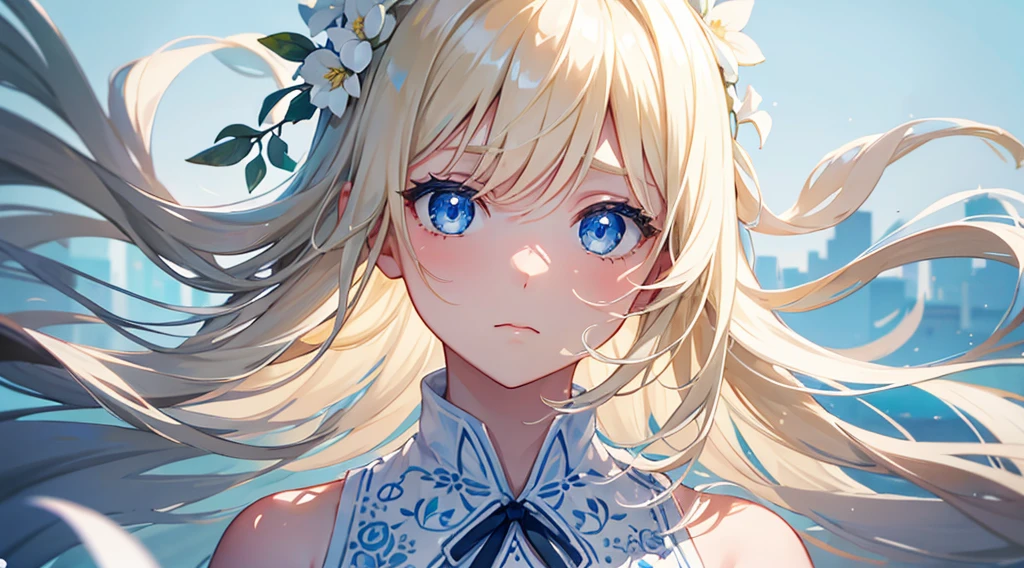 face, 1girl, blonde hair, long hair, blue eyes, teary-eyed, white sundress, white flowers, intricate, highly detailed