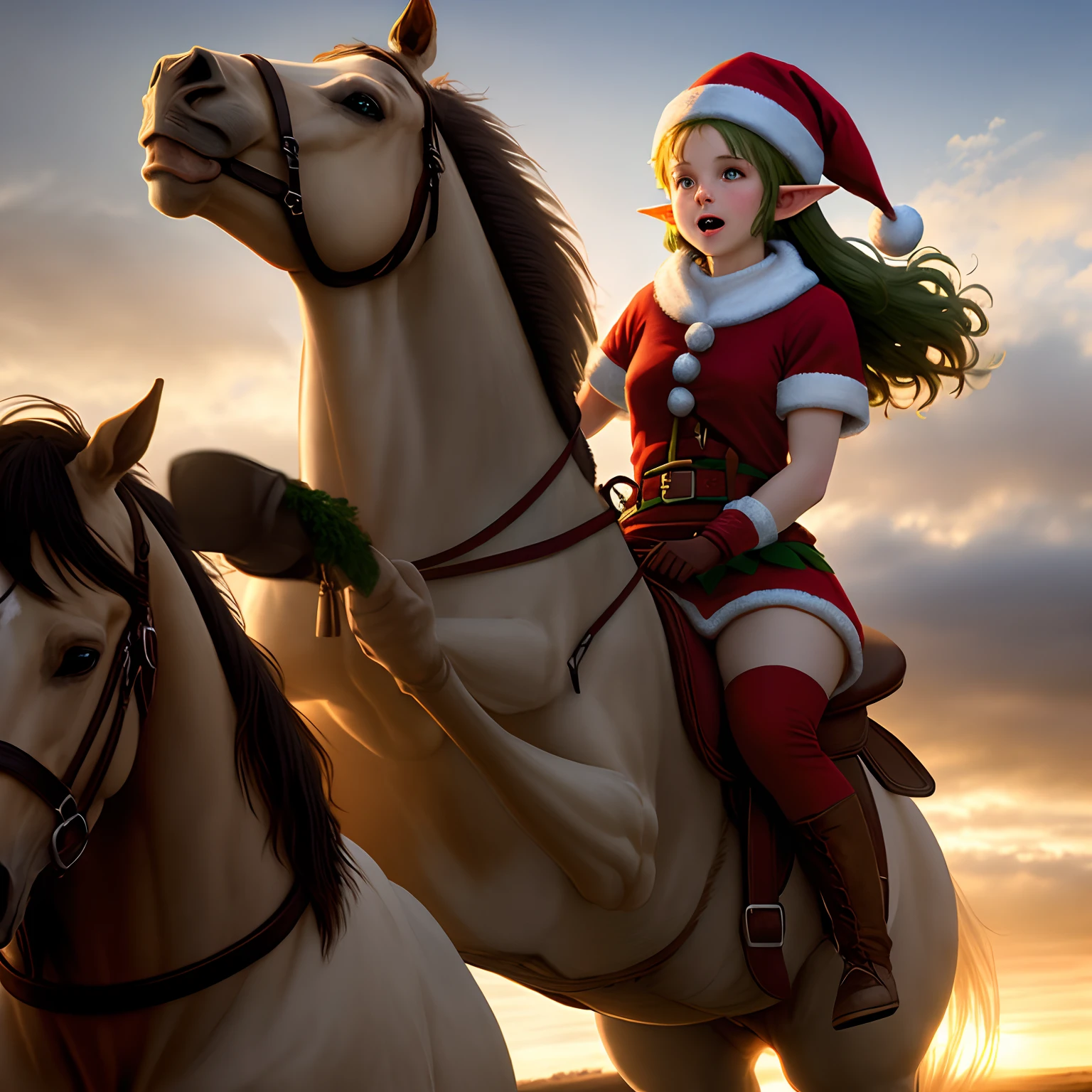 Christmas elf riding a horse in the apocalypse