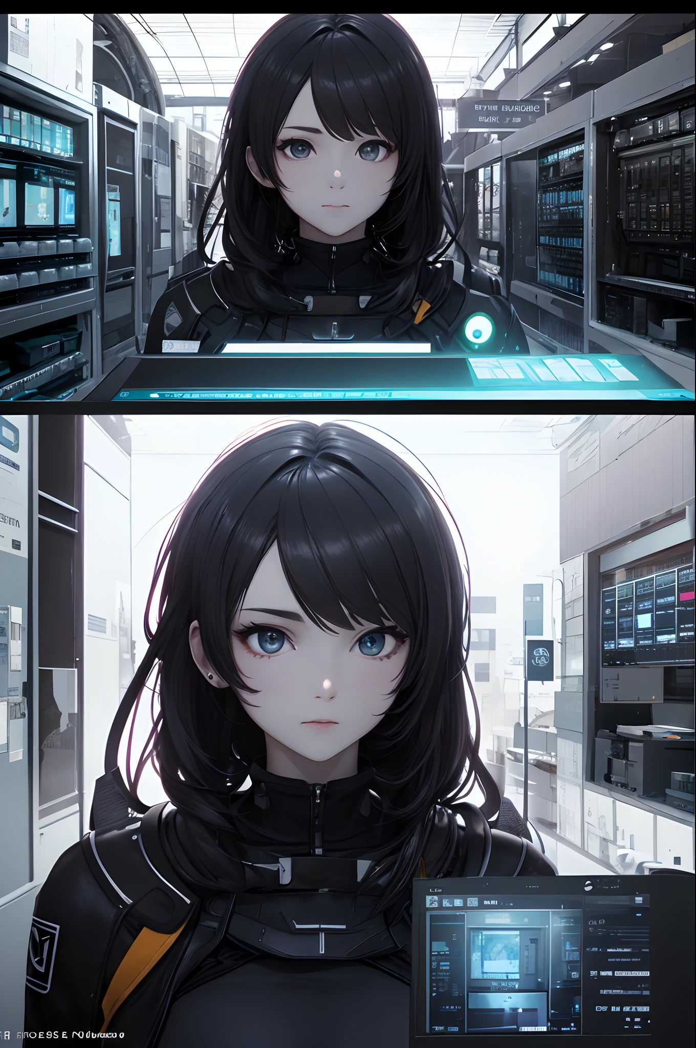 ((best qualtiy)), ((tmasterpiece)), (The is very detailed:1.3), 3D, big breasts beautiful (cyber punk perssonage:1.3)Single image,A3 size, Female hacker,Anime-style hair is thick,Operate a computer terminal、computer servers、LCD screens、Fiber optic cable、Corporate logo、HDR(HighDynamicRange)、Ray traching、NVIDIA RTX、Hyper-Resolution、illusory 5、sub surface scattering、PBR Texture、Post-processing、Anisotropic filtering、depth of fields、Maximum clarity and sharpness、Many-Layer Textures、Albedo e mapas Speculares,Surface Coloring,Accurately simulate photo-material interactions,perfectly proportions,rendering by octane,twotonelighting,Low ISO,White balance,trichotomy,Wide aperture,8K RAW,High-Efficiency Sub-Pixel,sub-pixel convolution,Luminous Particle,anime illustration,anime wallpaper