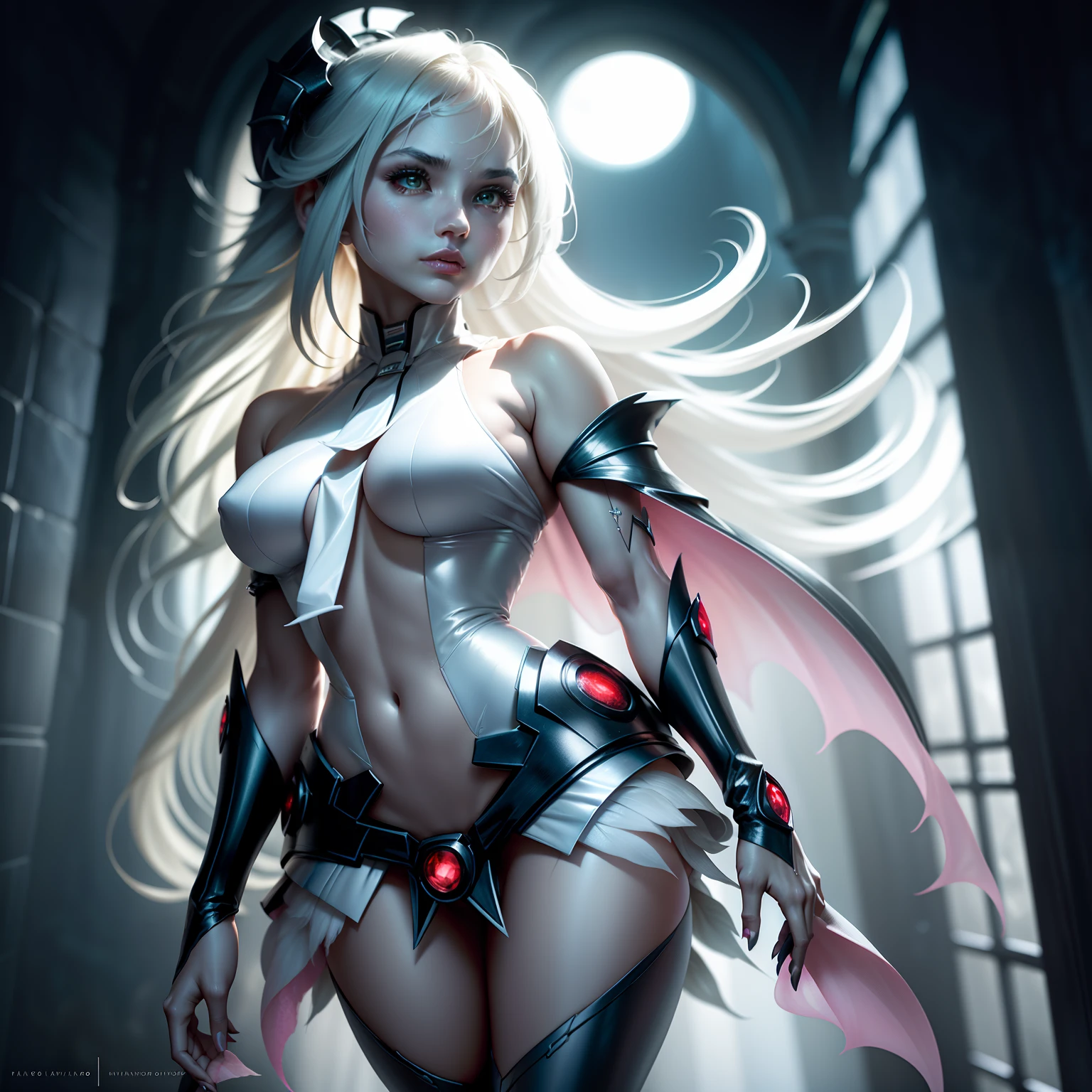 Incredibly detailed photograph of a beautiful vampire alien woman, Renacimiento, Pelo largo y blanco, intrincados ojos blancos, genial, ethereal, hiperdetalhado, 32k resolution, dynamic lighting, ombligo cubierto, hiper detallado, Intrinsically detailed, tendencias en Artstation, Traje de lujo blanco, volumetric illumination, BalenciagaStyle, De pie de cuerpo entero frente al castillo a la luz de la luna