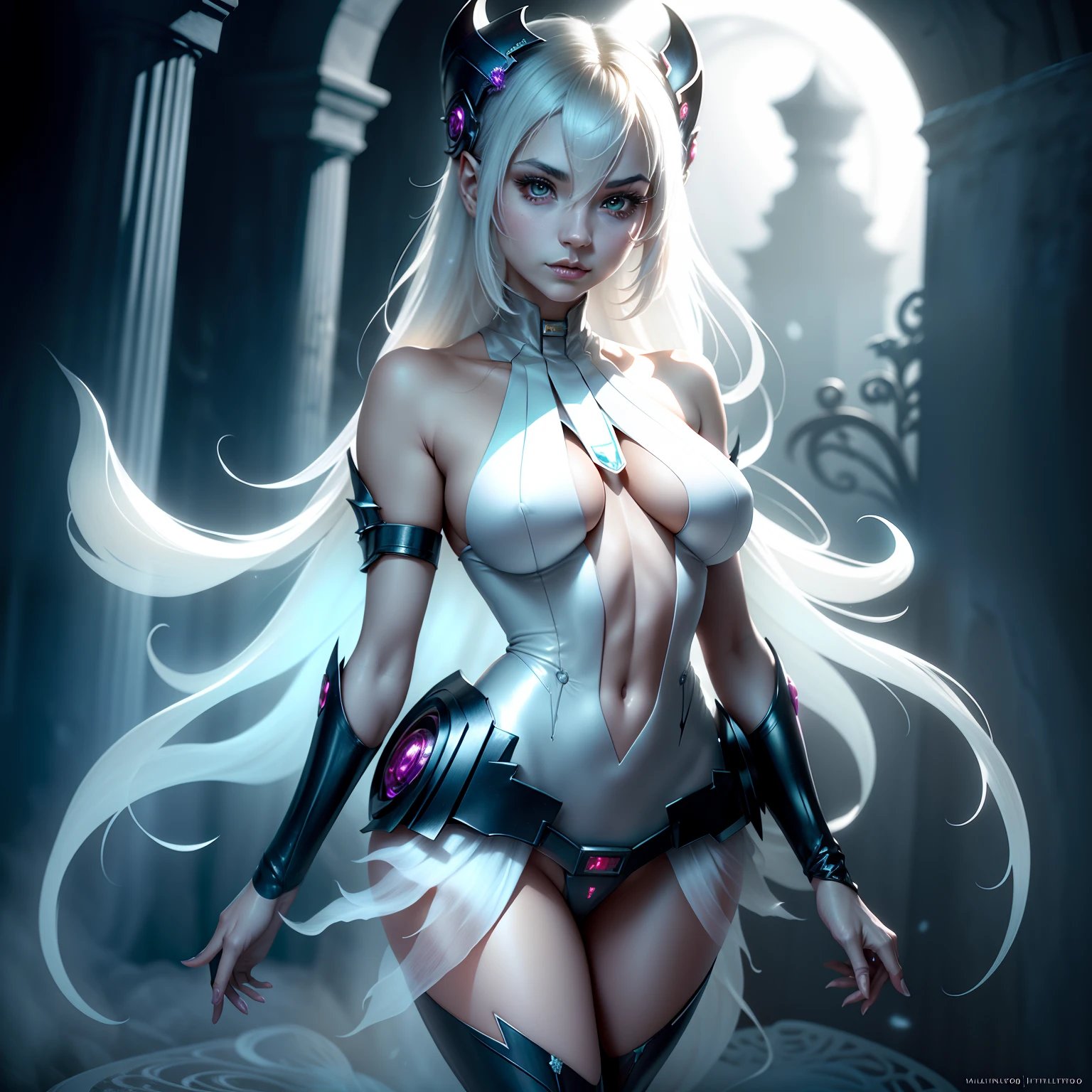 Incredibly detailed photograph of a beautiful vampire alien woman, Renacimiento, Pelo largo y blanco, intrincados ojos blancos, genial, ethereal, hiperdetalhado, 32k resolution, dynamic lighting, ombligo cubierto, hiper detallado, Intrinsically detailed, tendencias en Artstation, Traje de lujo blanco, volumetric illumination, BalenciagaStyle, De pie de cuerpo entero frente al castillo a la luz de la luna