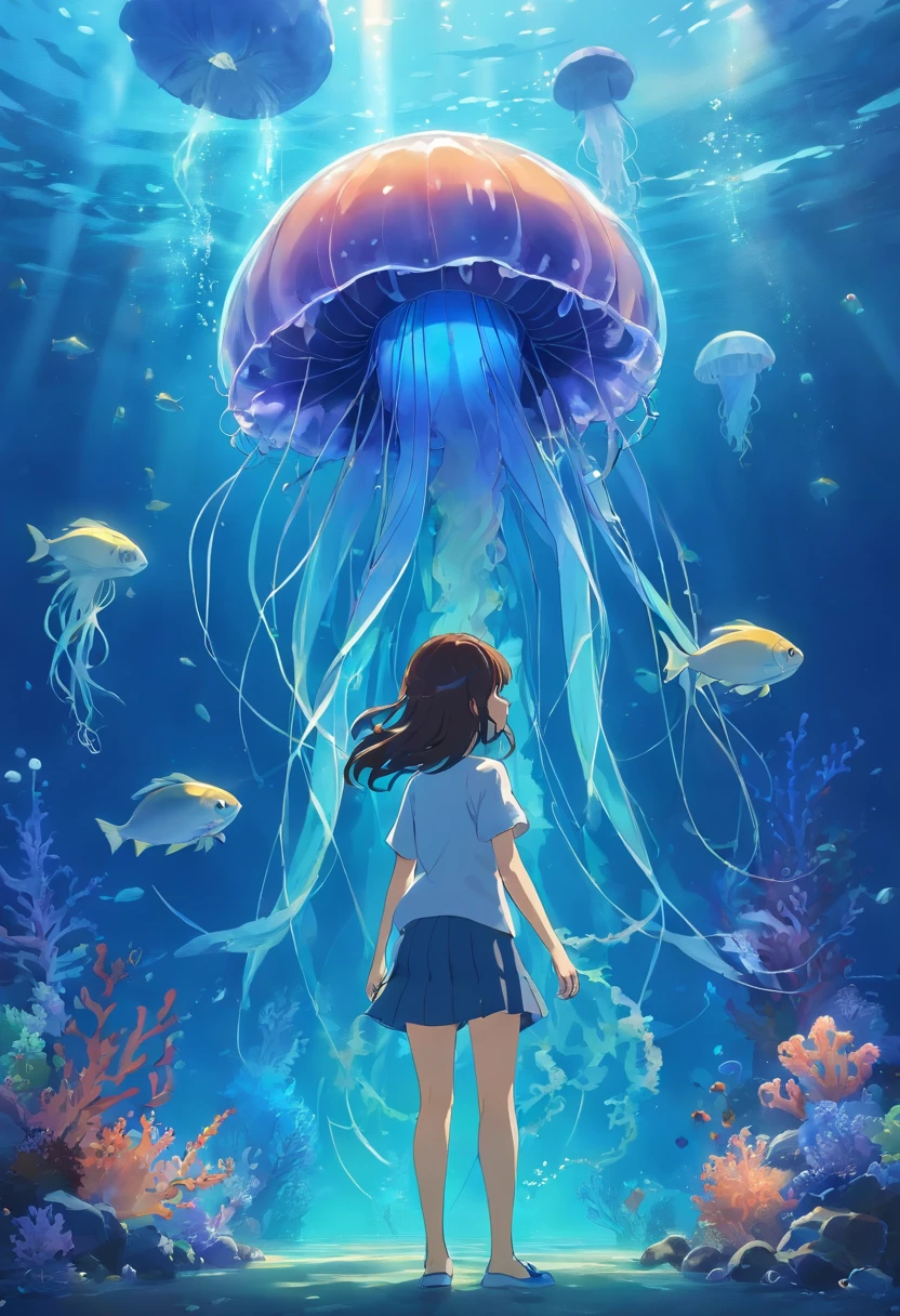 In the deep sea，Tiny divers look at giant blue jellyfish，dream magical，Schools of small fish，Plants，mistic，Sense of oppression，Optimal image quality