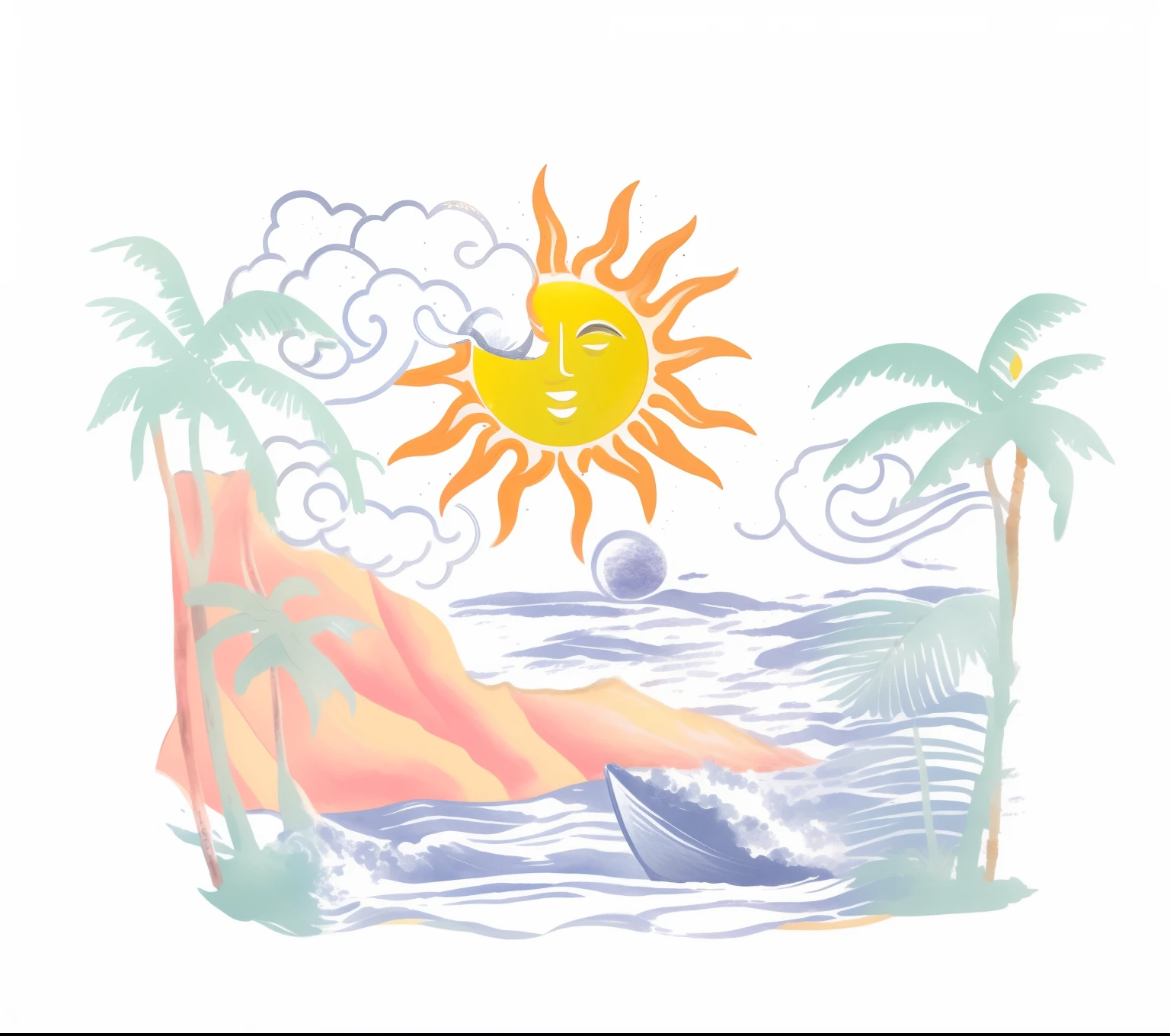 There is a picture of the sun and a boat on the water, 🪔 🎨;🌞🌄, paradis, tropical climate, Colorful illustrations, vignette illustration, tattoo sketch of a ocean, On the ocean, suns, gouache, coconut palms