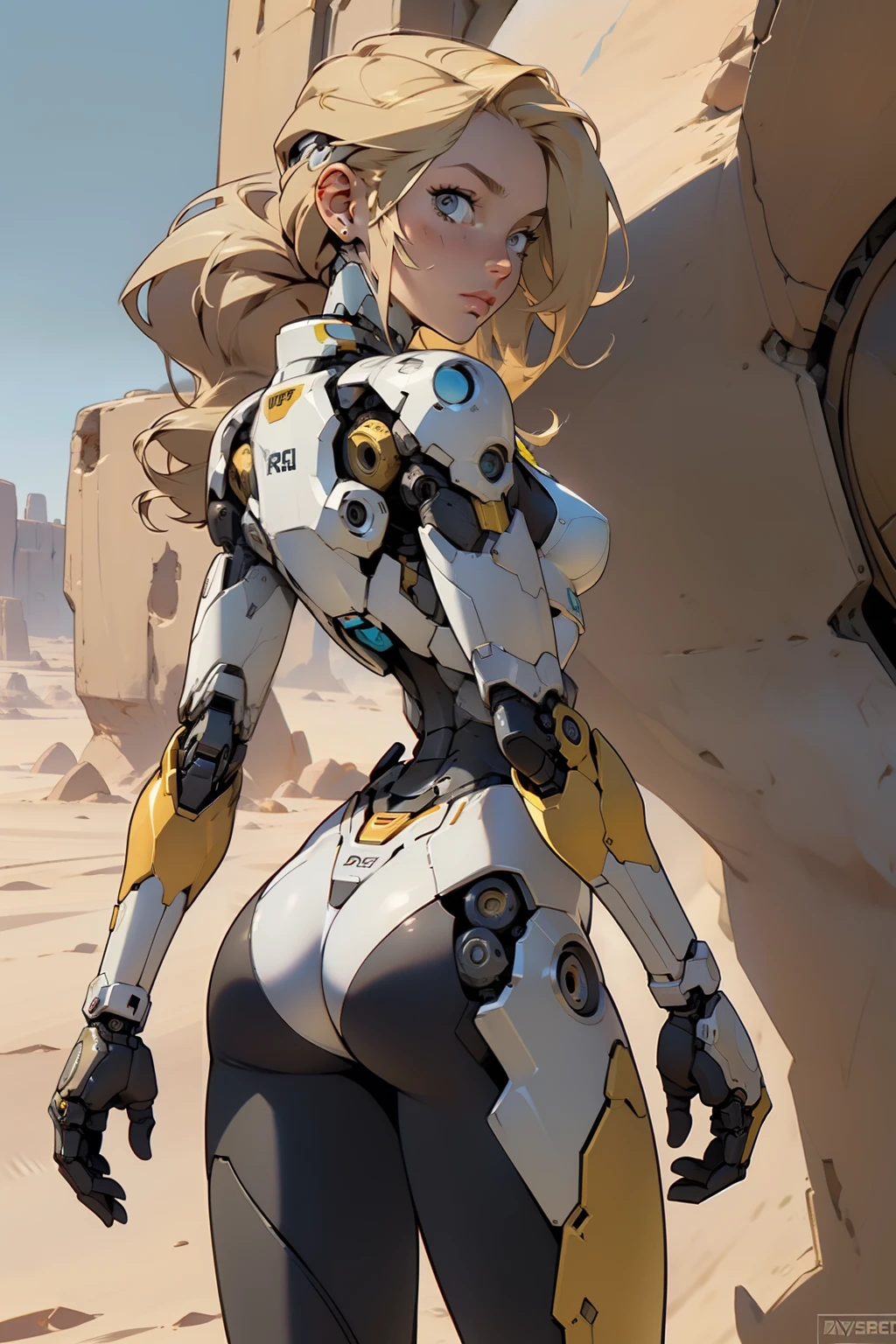 high quality, 4k, masterpiece, beautiful, cyborg girl, cowboy shot, dull eyes, back side, turning around to look at viewer, long blonde hair, girl, small breasts, fit thigh, robotic arms, robotic body, cyborg body, yellow accent, redaccent, intricate detail, joint, detailed lines, robotic detail, holding fist up, holding hand up as fist, color robotic parts, robotic parts with color, perfect fingers, on a desert planet, sunny background, colorful desert,
