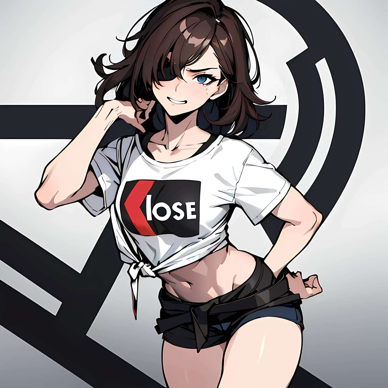 (absurdres, 8k, 4k, masterpiece, hyper extreme detailed:1.2), solo, 1girl, front view, portrait, best quality, expressive eyes, perfect face, 1girl, portrait, solo, standing, Female, toned body, mature female, medium breasts, pale, hair covering one eye, dark brown hair, long hair, eyepatch, sarcastic, snarky, soldier, adult, hazel eyes, shorts, delinquent, sarcastic, white jacket tied around waist, graphic t-shirt, smirk, crazy eyes, messy hair, swept bangs, midriff, hand on head, hand on shoulder, exposed collarbone, exposed left shoulder, graphic t-shirt, full body, perfect anatomy, looking at viewer,