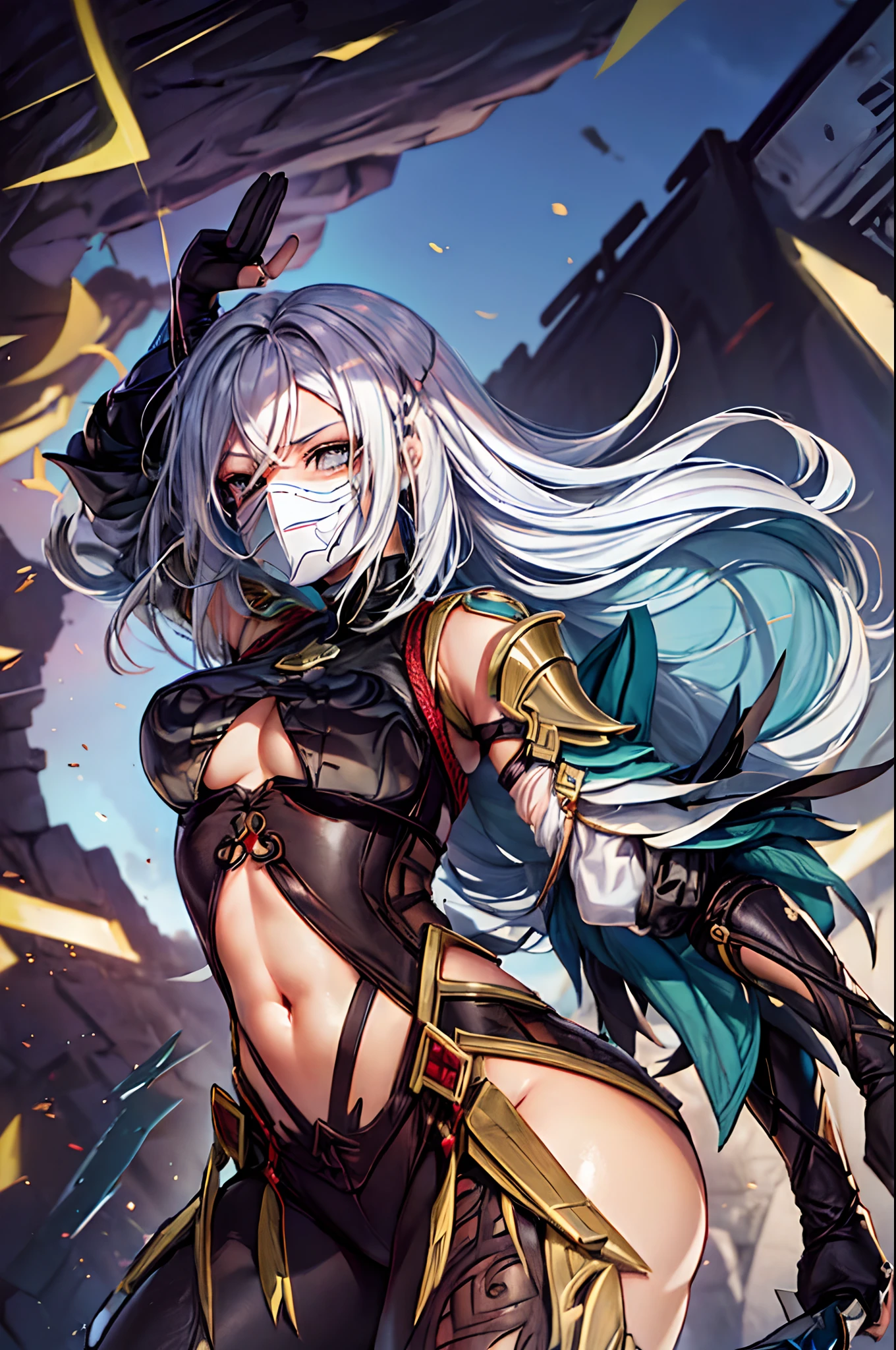obra-prima, melhor qualidade, (cabelo longo), (Mulher vestindo armadura completa do Depredador do filme), corpo completo detalhado, (olhos detalhados), (She's wearing long blades of her wrist like a predator), (She wears a full mask of Predator Bio-mask that is covering her face), qualidade 16k, Kinematic, sombras no corpo, (ruins), Full scenario, (pose de batalha dinamica), todo anatomicamente correto e detalhado, (Ela usa uma mascara do Depredador completa e detalhada)