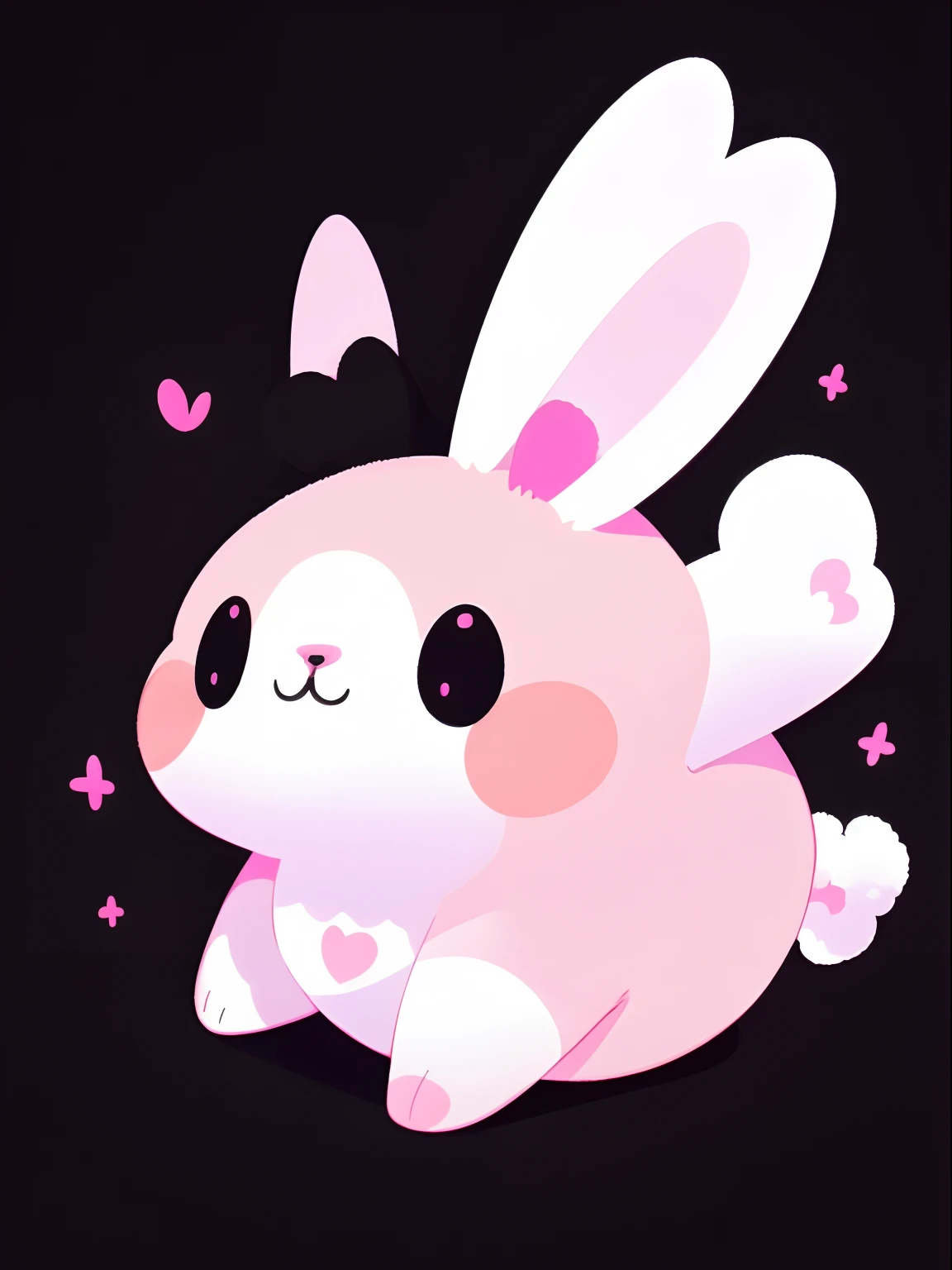 Pitch black background,Pink fluffy rabbit-like creature,Run around energetically,Bounce around and have fun,lapin