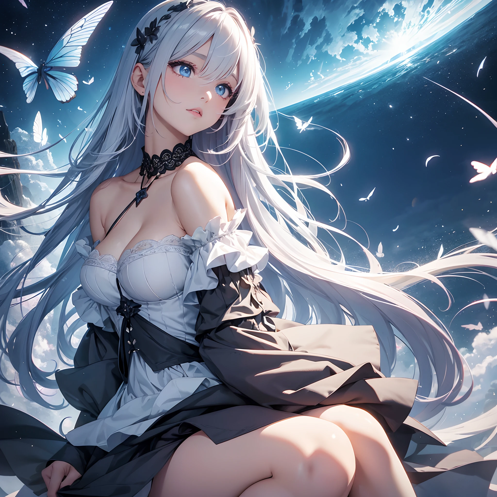 ((1 rapariga)), astounding, beatiful detailed eyes, Up to detail, depth of fields, (best qualtiy),(Most Best Illustration), (The best lighting, Best Shadow), (Very fine and beautiful)), highly detailed wallpaper, Dream Background, Seen from the side,Look into the camera, scenecy, Young girls, (Lori huge breasts cleavage), ((full body Esbian)), Long gray hair, ((Gray eye)), beatiful detailed eyes, (((long skirt))),Fluffy long sleeves, hair adornments, choker necklace, Light makeup, Blowing wind, afloat,Mirrors,mid air,starrysky,In Heaven,Flying,the wind,kosmos,sky island,Yupei,Sit on a,butterflys,dream
