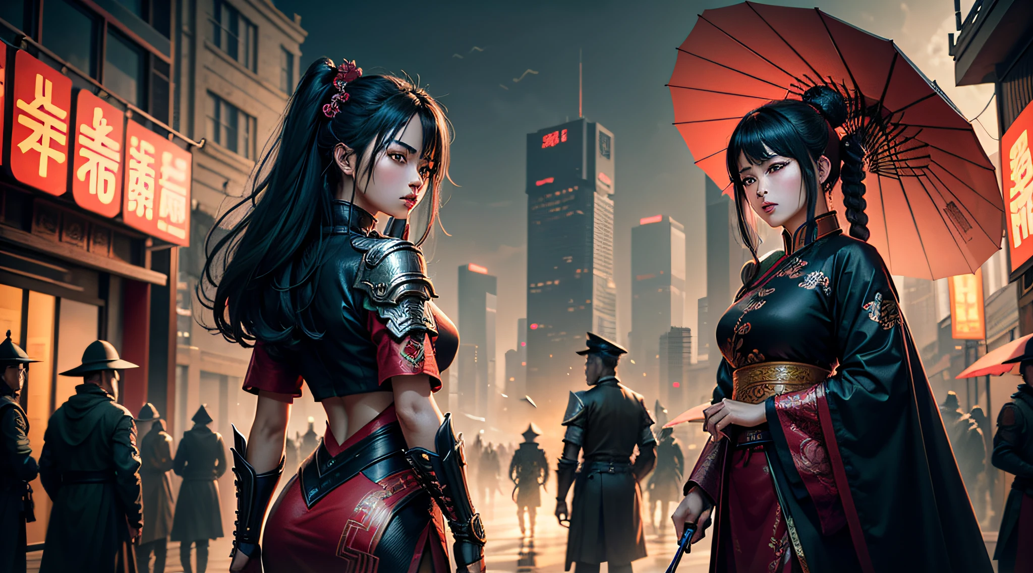 Cyberpunk-city,Ancient Chinese architecture,There is a woman in front,cabelos preto e longos,red color eyes,Wearing Peking Opera costumes, . Behind is a group of Chinese soldiers in ancient armor,The city was named the Island of China"城市" and displayed on the screen. Holding a paper umbrella in his hand,The artwork is of high quality, With ultra-high definition and realistic details. The color tone of the scene has a green light effect, Create a visually stunning atmosphere.War raged,be desperate,Black sky