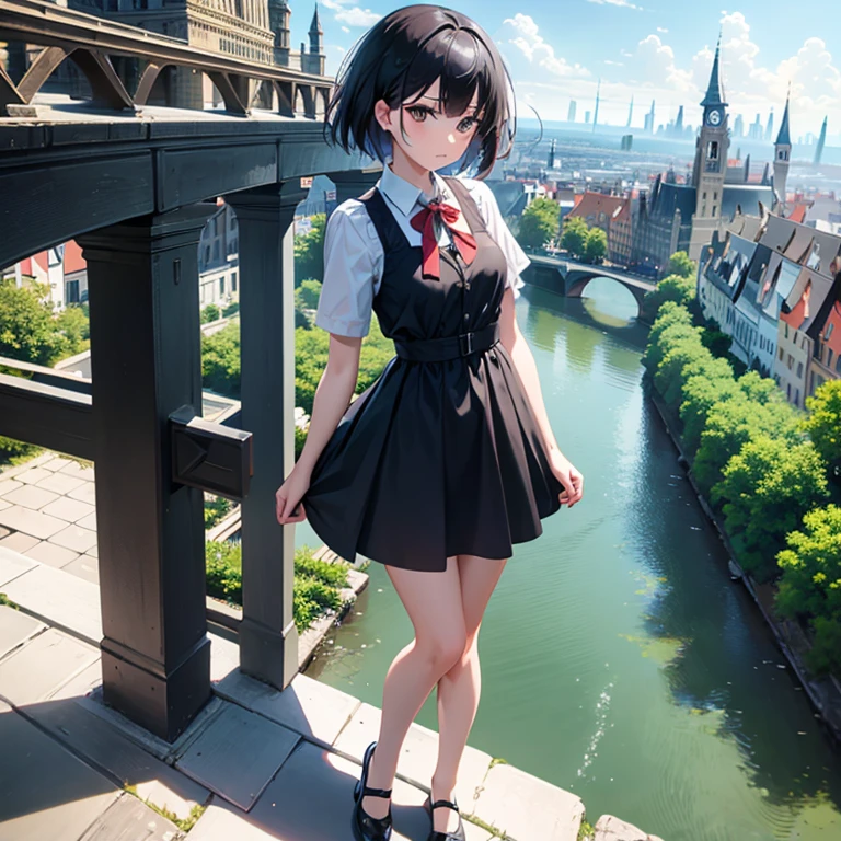 (masterpiece,newest,exceptional:1.2), anime,1girl,bangs,black_hair, beautiful 8k eyes,blue_sky,bridge,building,castle,city,cityscape,cloud,day,dress,looking_at_viewer,outdoors,red_neckwear,red_ribbon,ribbon,river,short_hair,short_sleeves,sky,skyscraper,solo,standing,town,water,  ballerina flat shoes