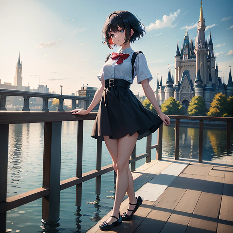 (masterpiece,newest,exceptional:1.2), anime,1girl,bangs,black_hair, beautiful 8k eyes,blue_sky,bridge,building,castle,city,cityscape,cloud,day,dress,looking_at_viewer,outdoors,red_neckwear,red_ribbon,ribbon,river,short_hair,short_sleeves,sky,skyscraper,solo,standing,town,water,  ballerina flat shoes