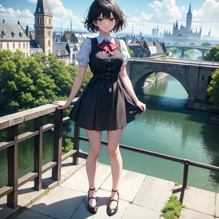 (masterpiece,newest,exceptional:1.2), anime,1girl,bangs,black_hair, beautiful 8k eyes,blue_sky,bridge,building,castle,city,cityscape,cloud,day,dress,looking_at_viewer,outdoors,red_neckwear,red_ribbon,ribbon,river,short_hair,short_sleeves,sky,skyscraper,solo,standing,town,water,  ballerina flat shoes