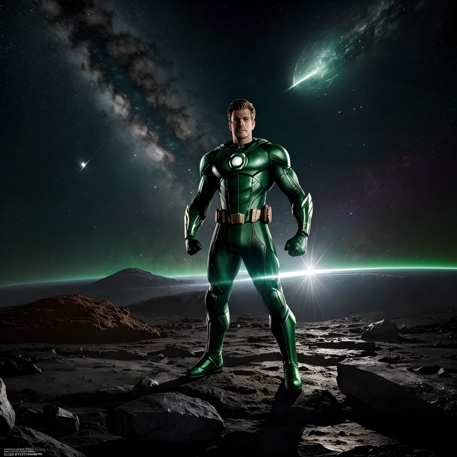 Green Lantern sitting on a research platform floating in the middle of the asteroid belt. Ele estuda com um caderno, surrounded by several asteroids glowing with an aura of fire;. Dramatic lighting from distant stars and planets illuminates the scene, casting deep shadows on the costume. O jovem parece confiante e determinado, looking at the vast and mysterious universe with wonder and respect, facial hair, cowboy shot,