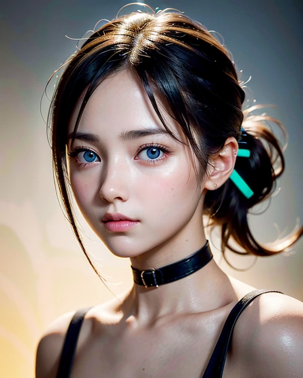 1girl , Wrapped ponytail haircut, Petrol choker,bright,
(realistic, photo-realistic:1.37),(8k, RAW photo, best quality, masterpiece:1.2), cute, ultra-detailed,heart-shaped pupils,physically-based rendering, ultra high res, looking at viewer,photorealistic,realistic, solo, photorealistic, best quality,extremely detailed face,extremely detailed eyes and face, beautiful detailed eyes,
best quality, masterpiece, portrait, a photography of a beautiful girl, detailed face,  pov, (((depth of field))), pale and lustrous skin, (small breasts), neon glow, random background,