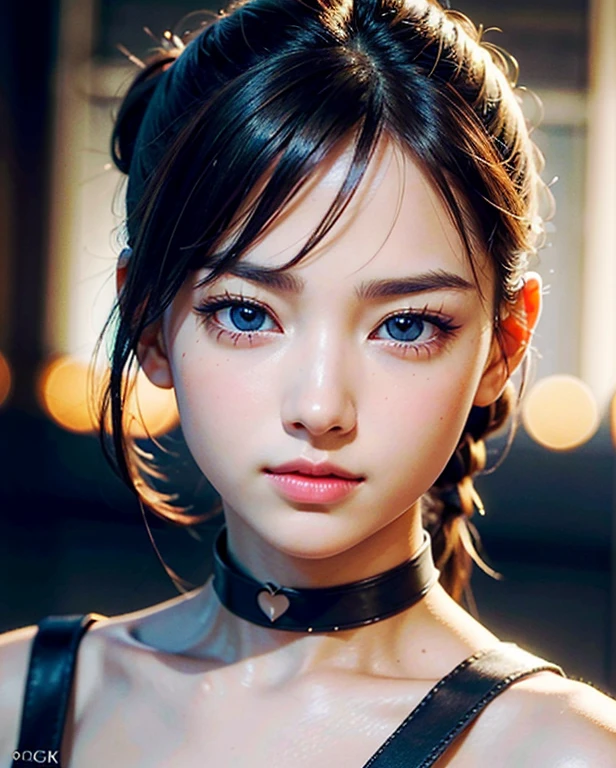 1girl , Wrapped ponytail haircut, Petrol choker,bright,
(realistic, photo-realistic:1.37),(8k, RAW photo, best quality, masterpiece:1.2), cute, ultra-detailed,heart-shaped pupils,physically-based rendering, ultra high res, looking at viewer,photorealistic,realistic, solo, photorealistic, best quality,extremely detailed face,extremely detailed eyes and face, beautiful detailed eyes,
best quality, masterpiece, portrait, a photography of a beautiful girl, detailed face,  pov, (((depth of field))), pale and lustrous skin, (small breasts), neon glow, random background,