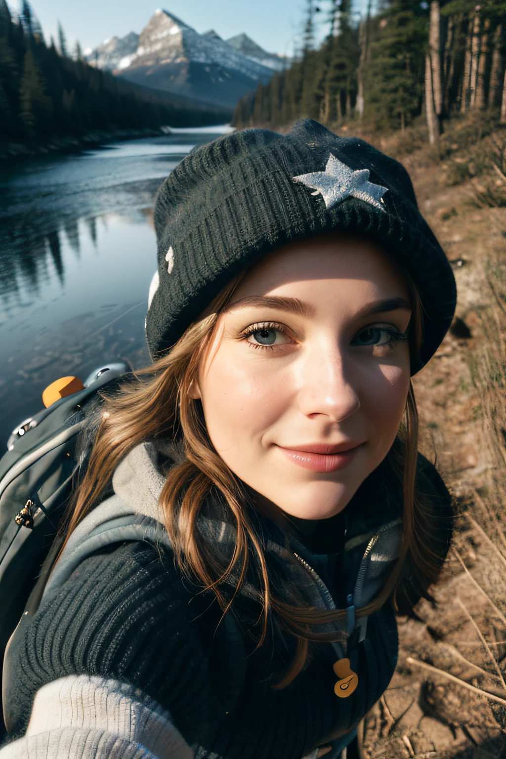 1 woman ((upper body selfie, happy)), masterpiece, best quality, ultra-detailed, ground, outdoor, (night), mountains, nature, (stars, moon) cheerful, happy, backpack, bag sleeping, camping stove, water bottle, mountain boots, gloves, sweater, hat, lantern, forest, stones, river, wood, smoke, shadows, contrast, clear sky, style, (warm hue, warm tone)