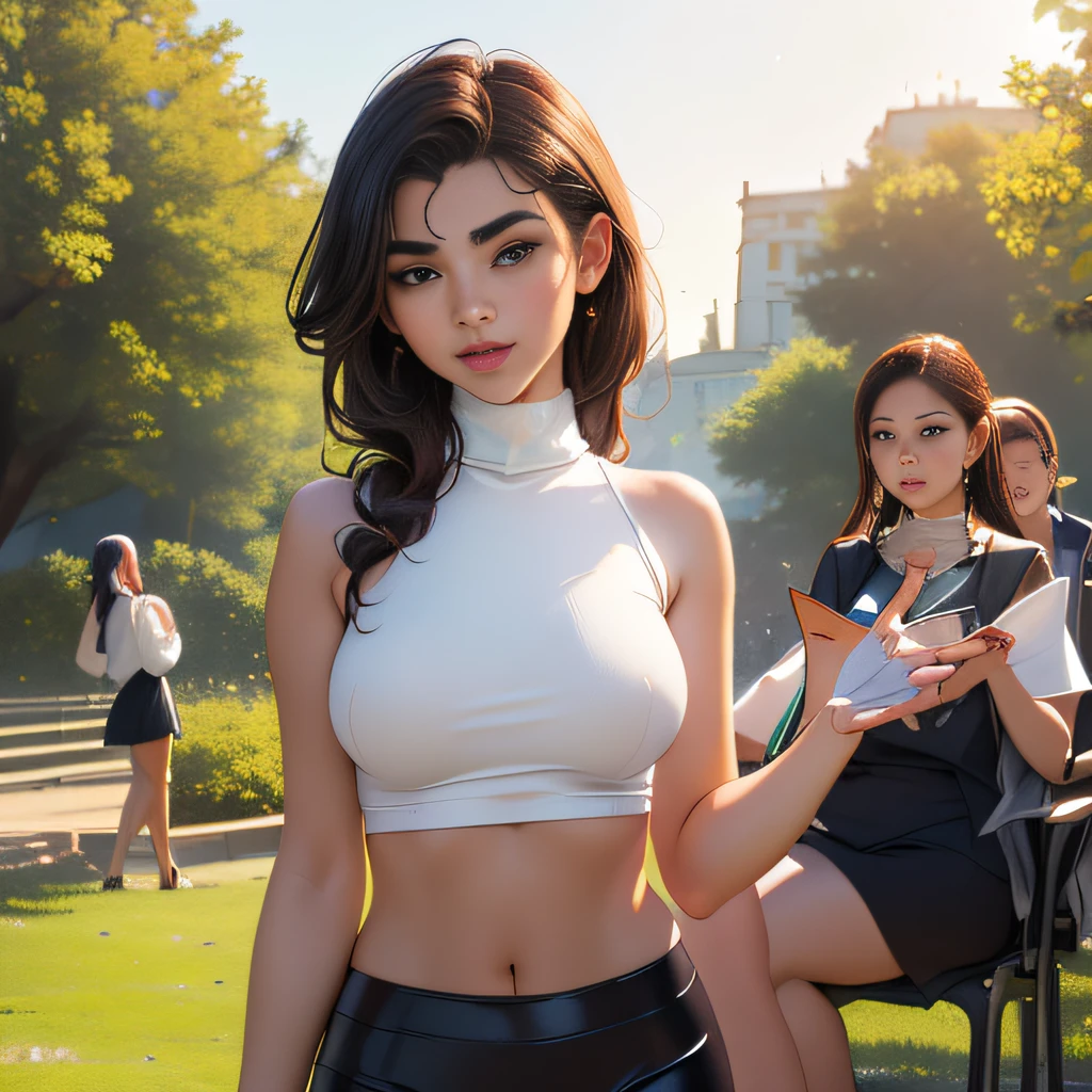 (Extremely detailed 8k wallpaper:2), (photo:2), (soigne Beautiful girl:2), (gives a lecture to friends:2), detailed (Face and eyes), (hyper realistic:1), (highly detailed:1), (epic realistic:1), rim light, (maximum details:1), cozy, (fullbody:1), (looking at viewer:2), (Woman's Attractive Qualities:2), (Attractive Woman:2), (Attractive:2), Smile, Intelligence, Empathy, Gracefulness, Sense of Style, Fitness, Grooming, Optimism, (Sensitivity:2), Sincerity, Romantic Gestures, Playfulness, Fashion Sense, (Sensuality:2), Charm, Modesty, Thoughtfulness, (Femininity:1), Flirtatiousness, Warmth, (Physical attractiveness:2), A beautiful smile, A love of life, strength and power, vulnerability, curiosity, wonder, love, (nature background:2), kawaii, waifu, Beautiful breasts, (attractive body:2), (Beautiful body:2), Beautiful pose, attractive pose, (spread legs:1.0), (demi-season clothes:1), (Beautiful clothes:1), (classic clothes:2), (elegant clothes:2), (European clothes:2), (turtleneck:2), detailed clothes, skirt, blouse