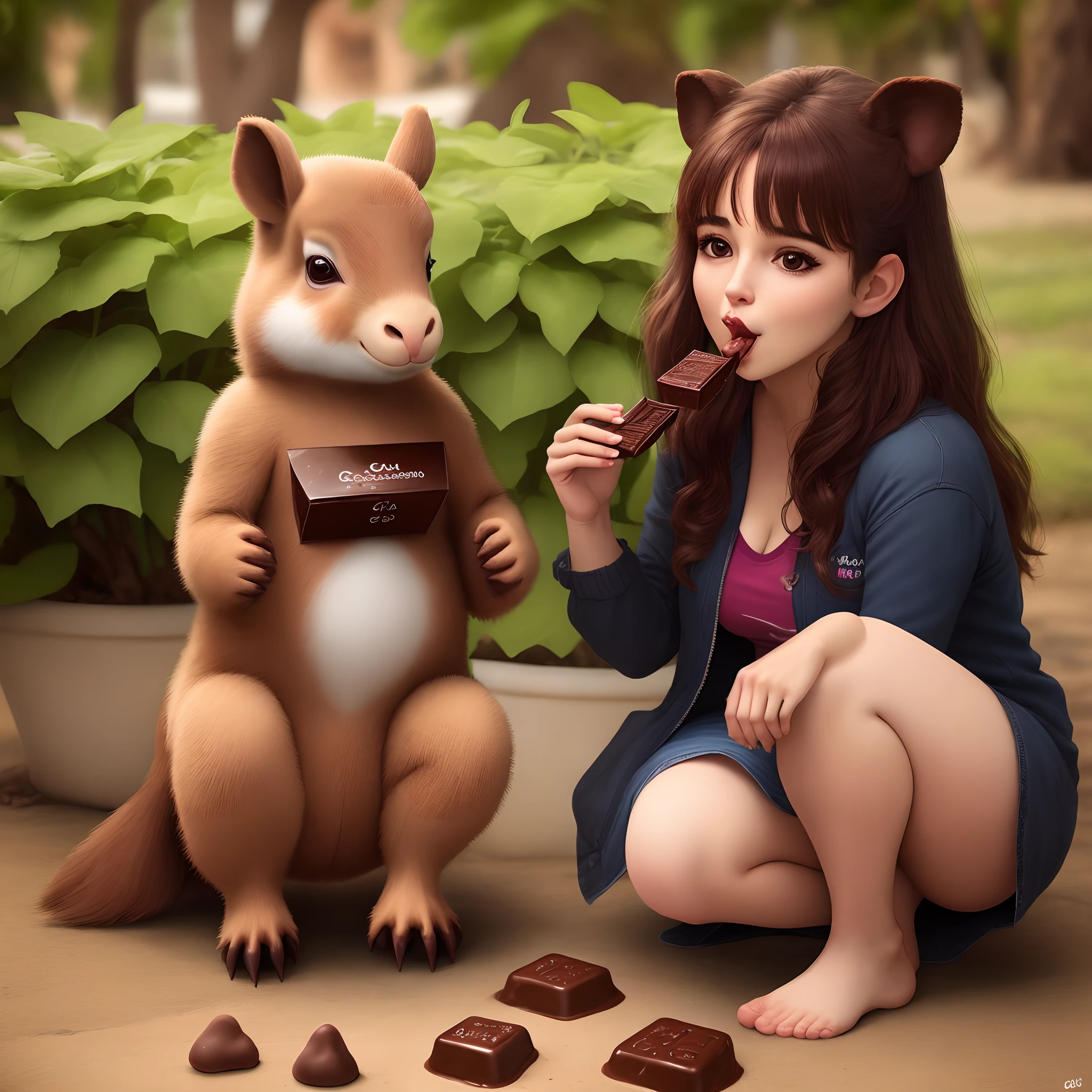 Uma linda garota e um coelho comendo uma cenoura de chocolate.