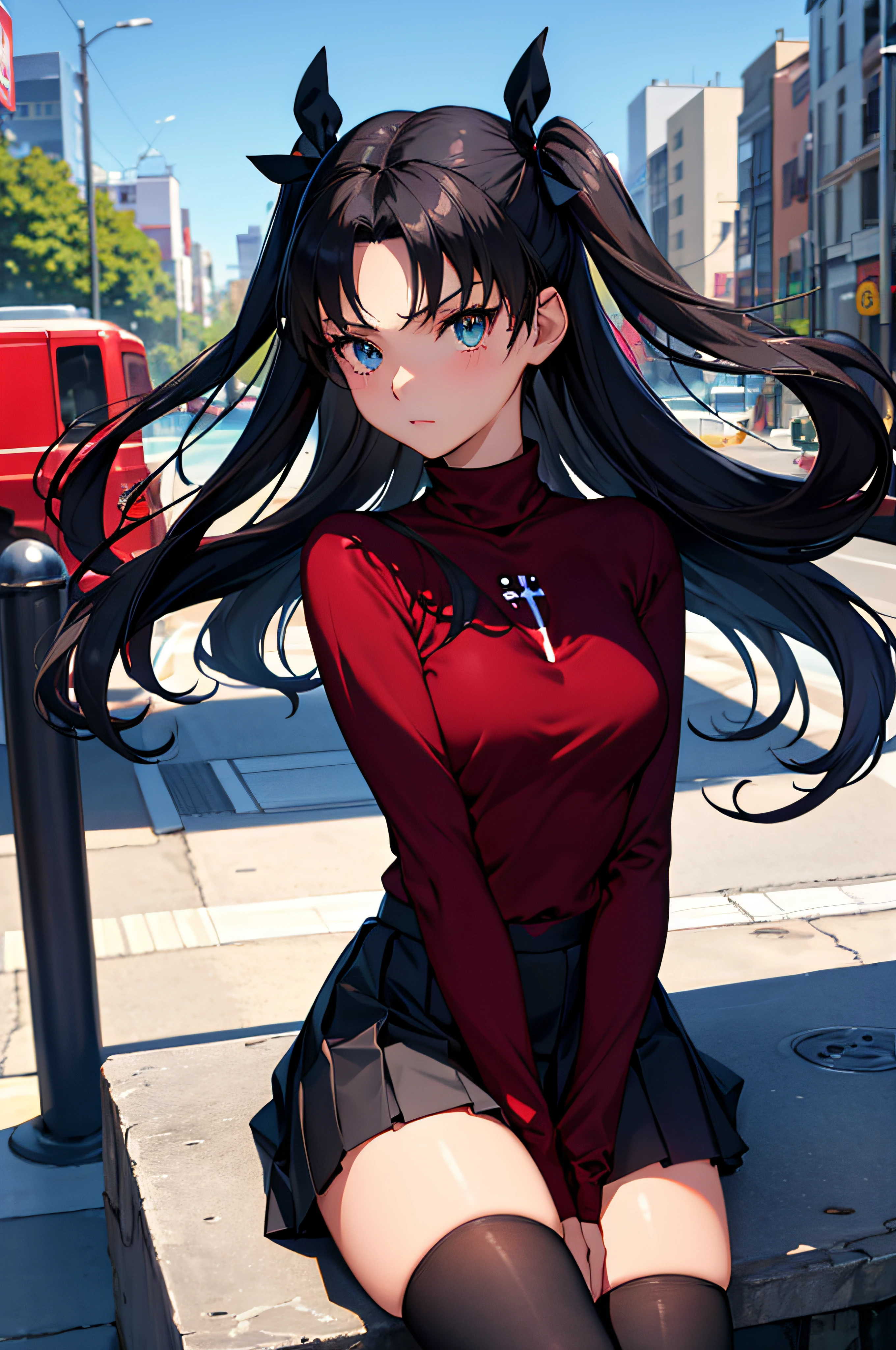 (masterpiece), best quality, expressive eyes, perfect face, 1girl, solo, rintohsaka, rin tohsaka, aqua eyes, black hair, hair ribbon, long hair, ribbon, sidelocks, two side up, black skirt, black thighhighs, long sleeves, miniskirt, pleated skirt, ((red sweater)), skirt, sweater, thighhighs, turtleneck, city background, sitting, character sheet, upper body, portrait, looking at viewer