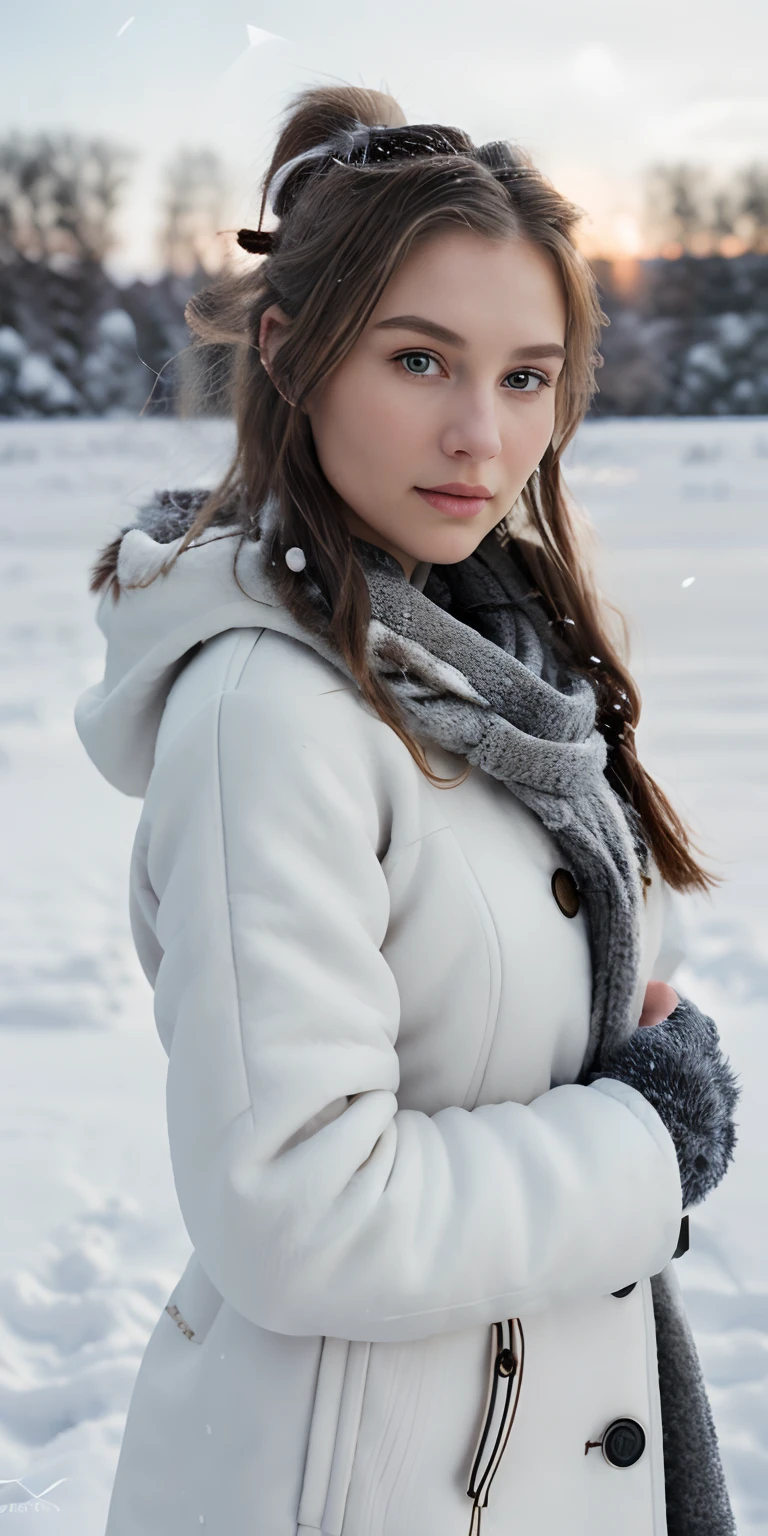 award winning, intrinsic detail,hyper realistic photo, portrait style, female supermodel, winter outfit with stylized hair in a snow plain in a winter solstice color palette, hd, 8k