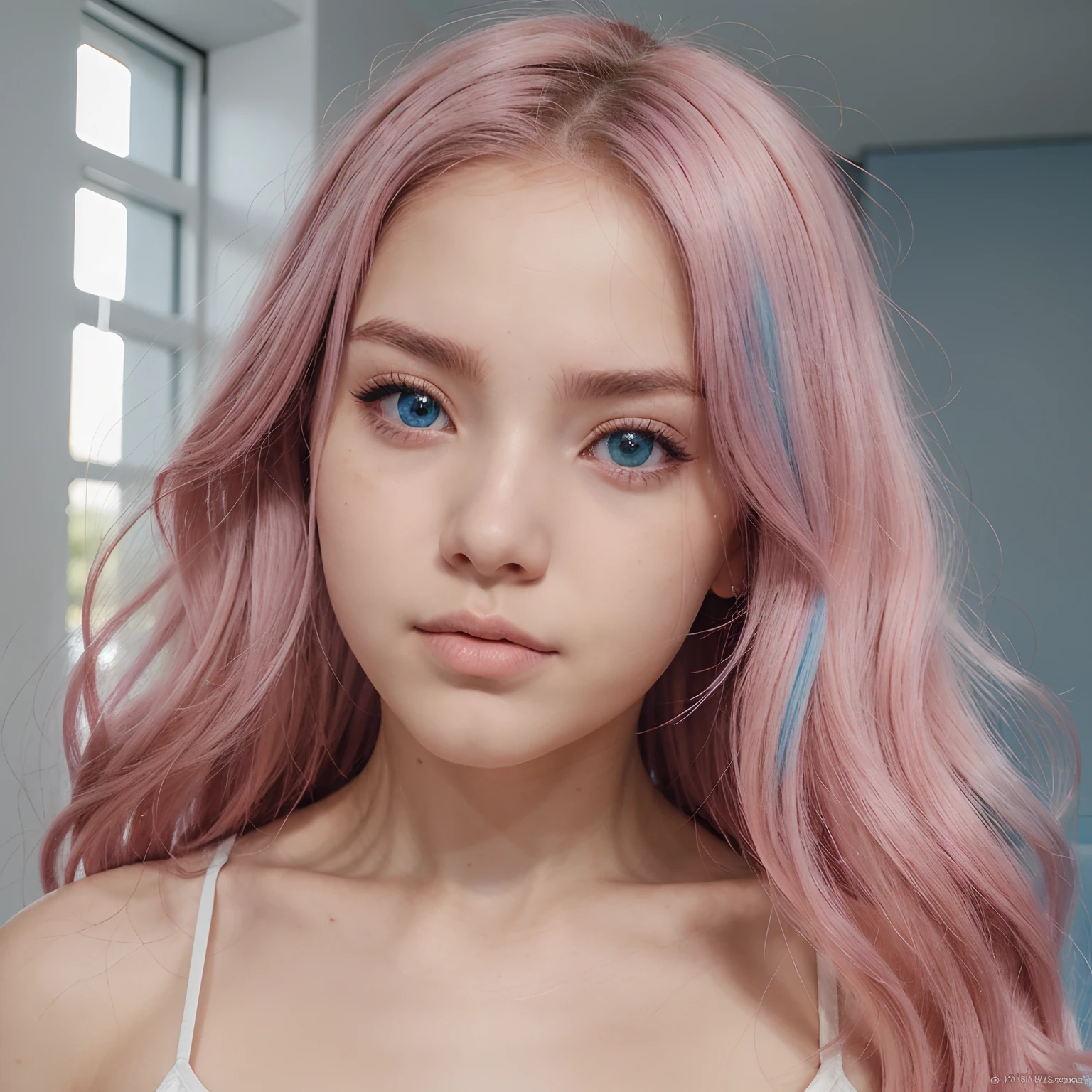 Quadrinhos manhwa my hero academy,menina adoslescente 16 anos,cabelo rosa com tons brancos, cabelo grande na altura da cintura, heterochromatic eyes, olho esquerdo rosa bebe e olho direito azul claro,hibrida de anjo.