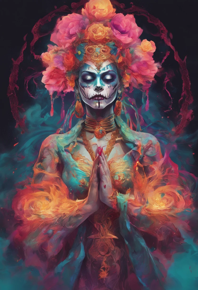 Santa Muerte, best quality, digital painting, extremely smooth, fluid, 3d fractals, light particles, dreamy, smooth, shimmering, dreamy glow, conceptual art by alberto seveso, anna dittmann, arthur rackham, harmonious color scheme, 32k