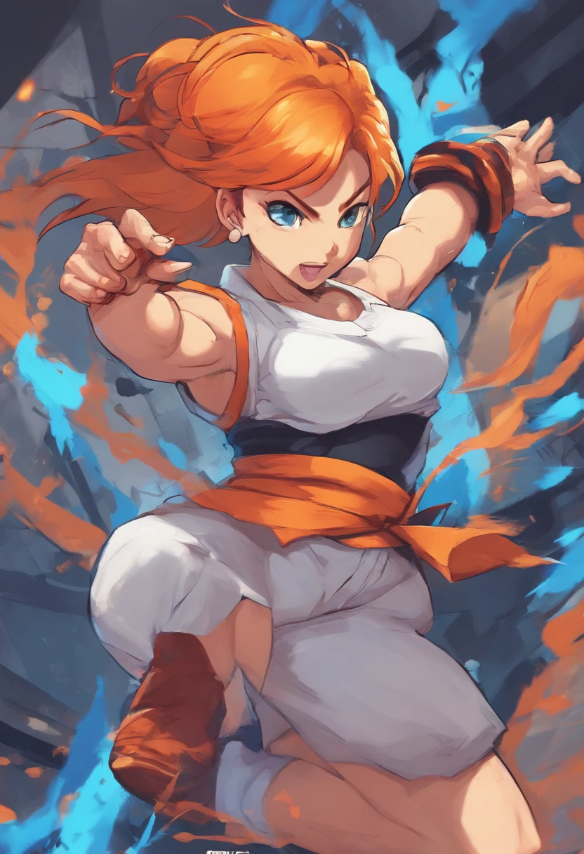 1girl, short orange hair, green eyes, freckles, big breasts, wearing blue leotard, black leather pants, sunset, absurdres, high res, ultrasharp, 8K, masterpiece, looking at the sky