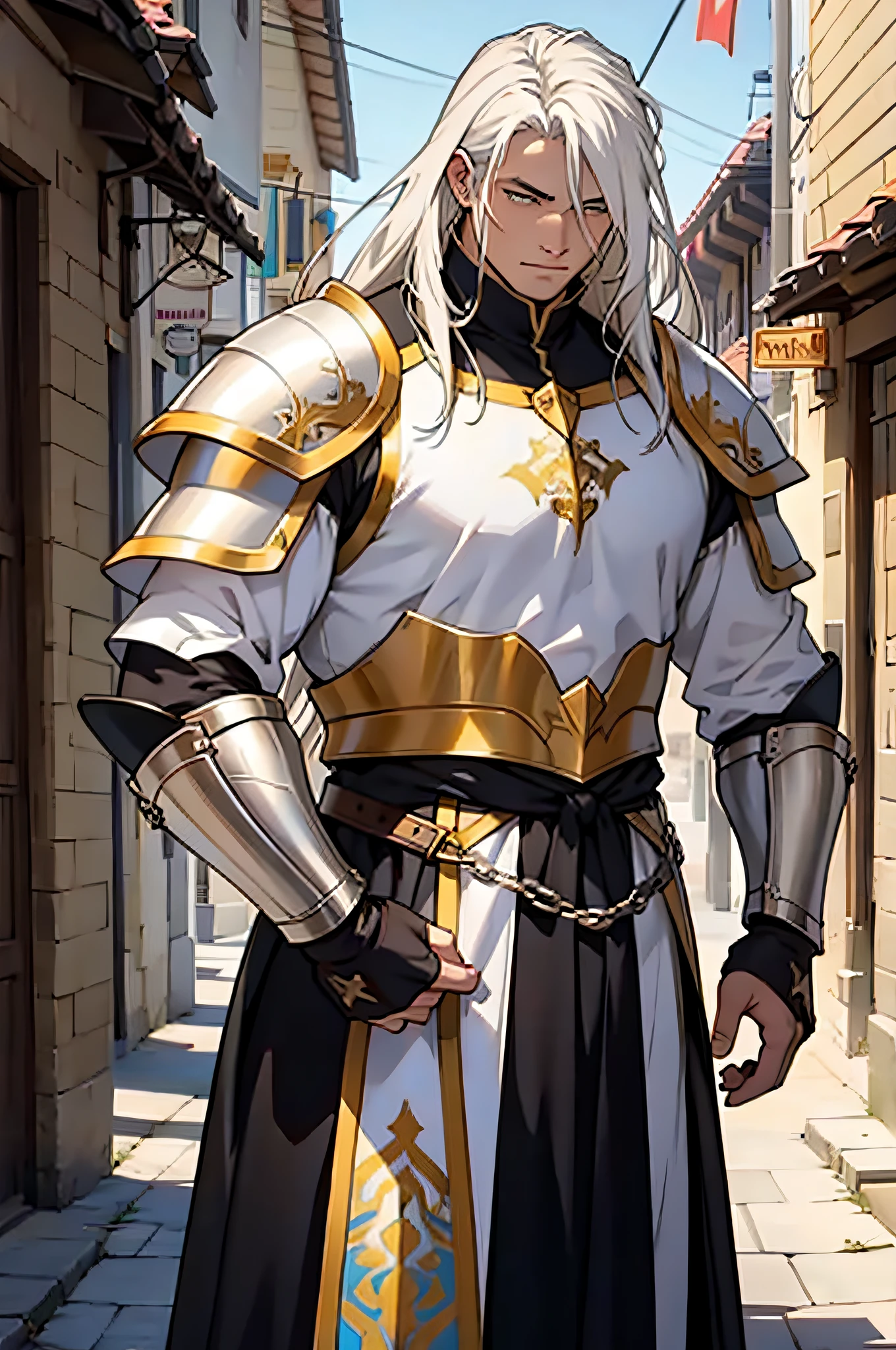 medieval, a man, long white hair, heavy white armor with yellow details, in a town.
