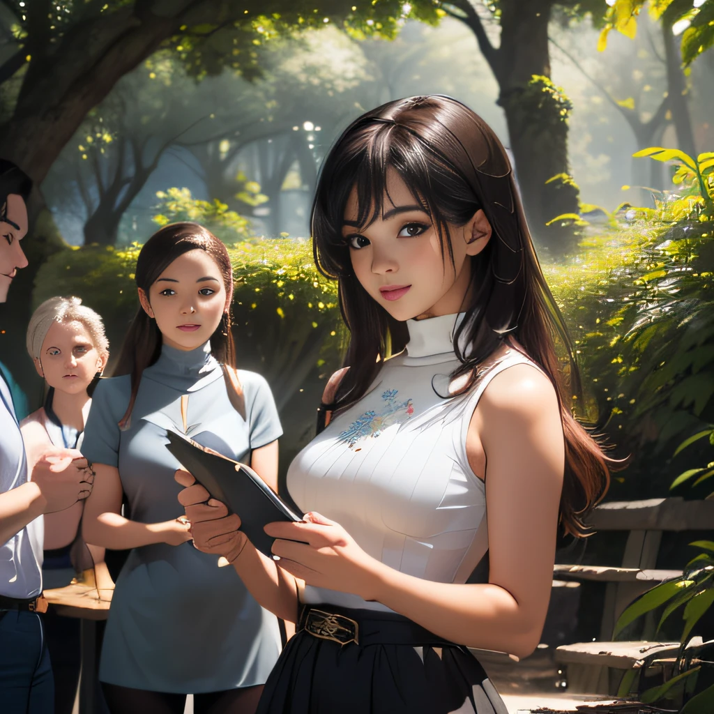 (extremely detailed 8K wallpaper:2), (SFW:2), (photo:2), (Neat beautiful girl:2), (gives a lecture to friends:2), Detailed (Face & Eyes), (hyper realistic:1), (Highly detailed:1), (Epic Realistic:1), rim light, (Maximum details:1), Cosy, (body complet:1), (looking a viewer:2), (Attractive qualities of a woman:2), (attractive female:2), (Attractive:2), Smile, intelligence, sympathy, Grace, A sense of style, Fitness, Care, optimism, (sensitivity:2), frankness, Romantic gestures, playfulness, Fashion Sense, (sensuality:2), charm, modesty, Thoughtfulness, (femininity:1), flirtatiousness, warmth, (Physical Attractiveness:2), beautiful smile, Love of Life, Strength and power, Vulnerability, curiosity, wonder, Love, (Nature's prehistory:2), Kawaii, waifu, beautiful breasts, (attractive body:2), (handsome body:2), BEAUTIFUL POSE, attractive pose, (Spread legs:1.0), Hot Pose, provocative pose, (Demi-Season Black Clothing:1), (sexy black clothes:1), (Classic Black Clothing:2), (Elegant Black Clothing:2), (European Clothing:2), (black turtleneck:2), detailed fabrics
