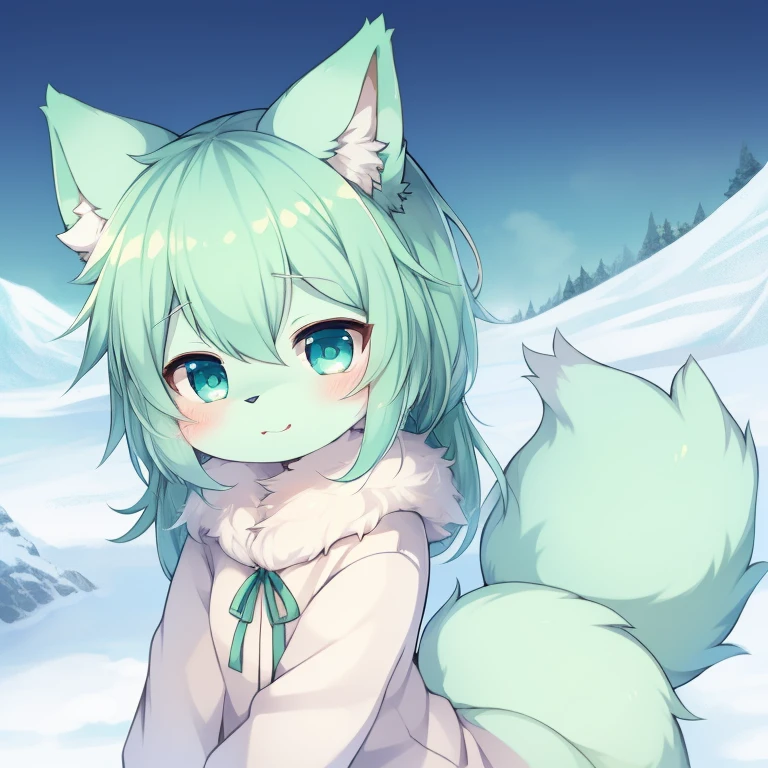 Furry art,(anthro,Fluffy fur,Character focus:1.1),by Dagasi, Yupa,Kiyosan,solo person, generic furry style,SF version,(Mint green fur,blue color eyes),professional furry drawing,snowfield