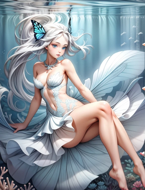 Naked woman, blue eyes, white hair, butterfly dress, no shoes, floating high heals, underwater, coral reef, fish, dark backround, high detail, intricate detail, beutiful face, beutiful shell necklace, flower in hair