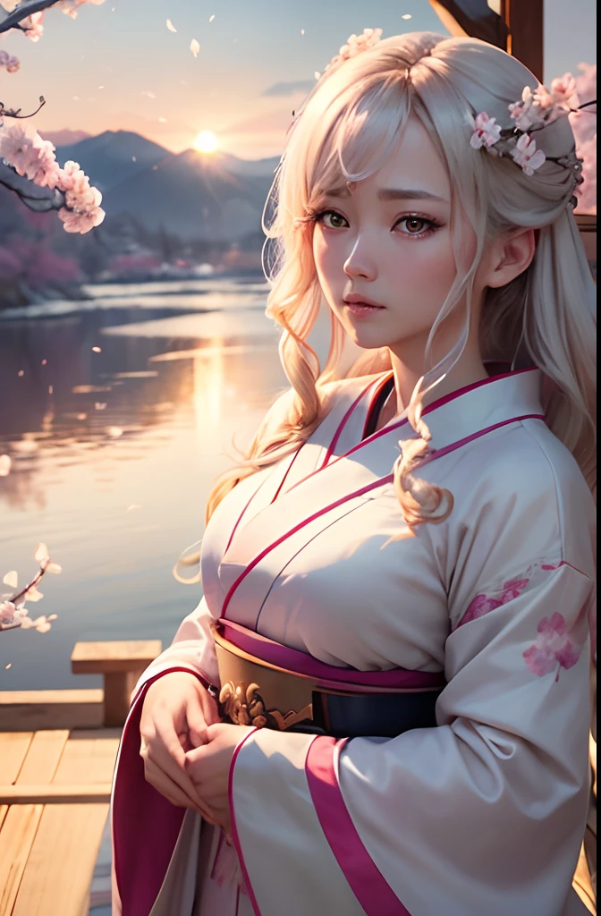 (A logo、masterpiece、8K、masutepiece、Raw photo、Fantastic、Best Quality、Photorealistic、extremely detailed CG unified 8k wallpaper、hightquality、ighly detailed、epic poem、Particle effect、Dynamic effects、depth of fields、Cinematic Light、Lens Flare、Ray tracing)、Fantasia、(1 beautiful woman in a white coat、robe blanche、Japanese dress)、Pink cherry blossom tree、Petals flutter、Sakura blizzard、Superb view、morning glow、Sun in the background、the wind、Deities、tusk、myth、Vast Land、