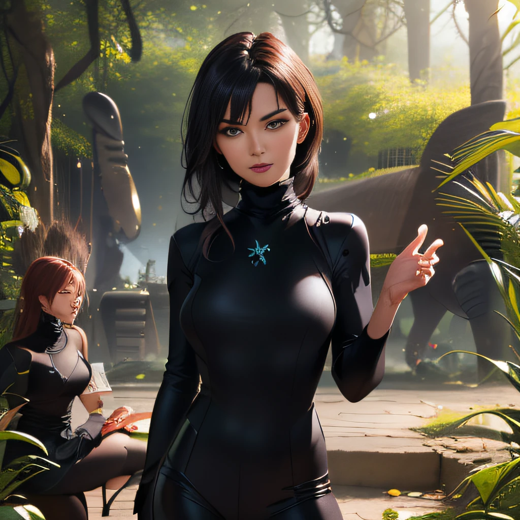 (extremely detailed 8K wallpaper), (SFW:2), (photo:2), (Neat beautiful girl:2), (gives a lecture to friends:2), Detailed (Face & Eyes), (hyper realistic:1), (Highly detailed:1), (Epic Realistic:1), rim light, (Maximum details:1), Cosy, (body complet:1), (looking a viewer:2), (Attractive qualities of a woman:2), (attractive female:2), (Attractive:2), Smile, intelligence, sympathy, Grace, A sense of style, Fitness, Care, optimism, (sensitivity:2), frankness, Romantic gestures, playfulness, Fashion Sense, (sensuality:2), charm, modesty, Thoughtfulness, (femininity:1), flirtatiousness, warmth, (Physical Attractiveness:2), beautiful smile, Love of Life, Strength and power, Vulnerability, curiosity, wonder, Love, (Nature's prehistory:2), Kawaii, waifu, beautiful breasts, (attractive body:2), (handsome body:2), BEAUTIFUL POSE, attractive pose, (Spread legs:1.0), Hot Pose, provocative pose, (Demi-Season Black Clothing:1), (sexy black clothes:1), (Classic Black Clothing:2), (Elegant Black Clothing:2), (European Clothing:2), (black turtleneck:2), detailed fabrics
