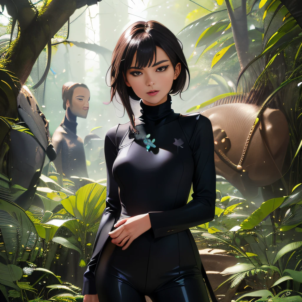 (extremely detailed 8K wallpaper), (SFW:2), (photo:2), (Neat beautiful girl:2), (gives a lecture to friends:2), Detailed (Face & Eyes), (hyper realistic:1), (Highly detailed:1), (Epic Realistic:1), rim light, (Maximum details:1), Cosy, (body complet:1), (looking a viewer:2), (Attractive qualities of a woman:2), (attractive female:2), (Attractive:2), Smile, intelligence, sympathy, Grace, A sense of style, Fitness, Care, optimism, (sensitivity:2), frankness, Romantic gestures, playfulness, Fashion Sense, (sensuality:2), charm, modesty, Thoughtfulness, (femininity:1), flirtatiousness, warmth, (Physical Attractiveness:2), beautiful smile, Love of Life, Strength and power, Vulnerability, curiosity, wonder, Love, (Nature's prehistory:2), Kawaii, waifu, beautiful breasts, (attractive body:2), (handsome body:2), BEAUTIFUL POSE, attractive pose, (Spread legs:1.0), Hot Pose, provocative pose, (Demi-Season Black Clothing:1), (sexy black clothes:1), (Classic Black Clothing:2), (Elegant Black Clothing:2), (European Clothing:2), (black turtleneck:2), detailed fabrics