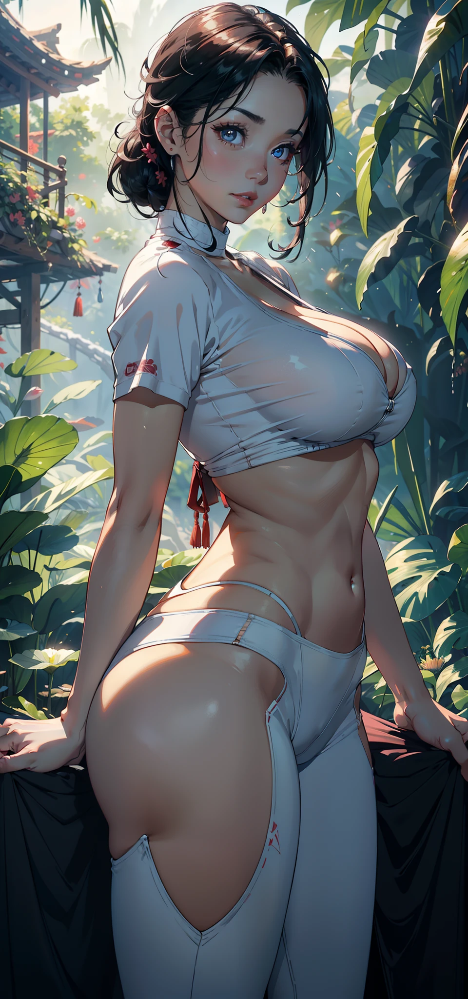 1female,45 yers old,plumw,extremely large bosom, A MILF,Married Woman,独奏,(Background with:the rainforest,lotus flower,Ground area water) She has very short black hair,bobo head,Stand deep in the forest,seen from the front, hair straight, mostly cloudy sky,(((tmasterpiece),(Very detailed CG unity 8K wallpaper),best qualtiy,cinmatic lighting,detailed back ground,beatiful detailed eyes,Bright pupils,黑The eye,Snow-whiteskin,Redlip(Very fine and beautiful),(Beautiful and detailed eye description),ultra - detailed,tmasterpiece,))facing at camera,A high resolution,ultra - detailed),extremely large bosom,A sagging breast,Bare breasts,Bare genitalia, bulging,legs are open,Raised sexy,Camel toes,Flushed complexion,Desire for dissatisfaction,frontage,athlete(Wearing:Red yoga pants)