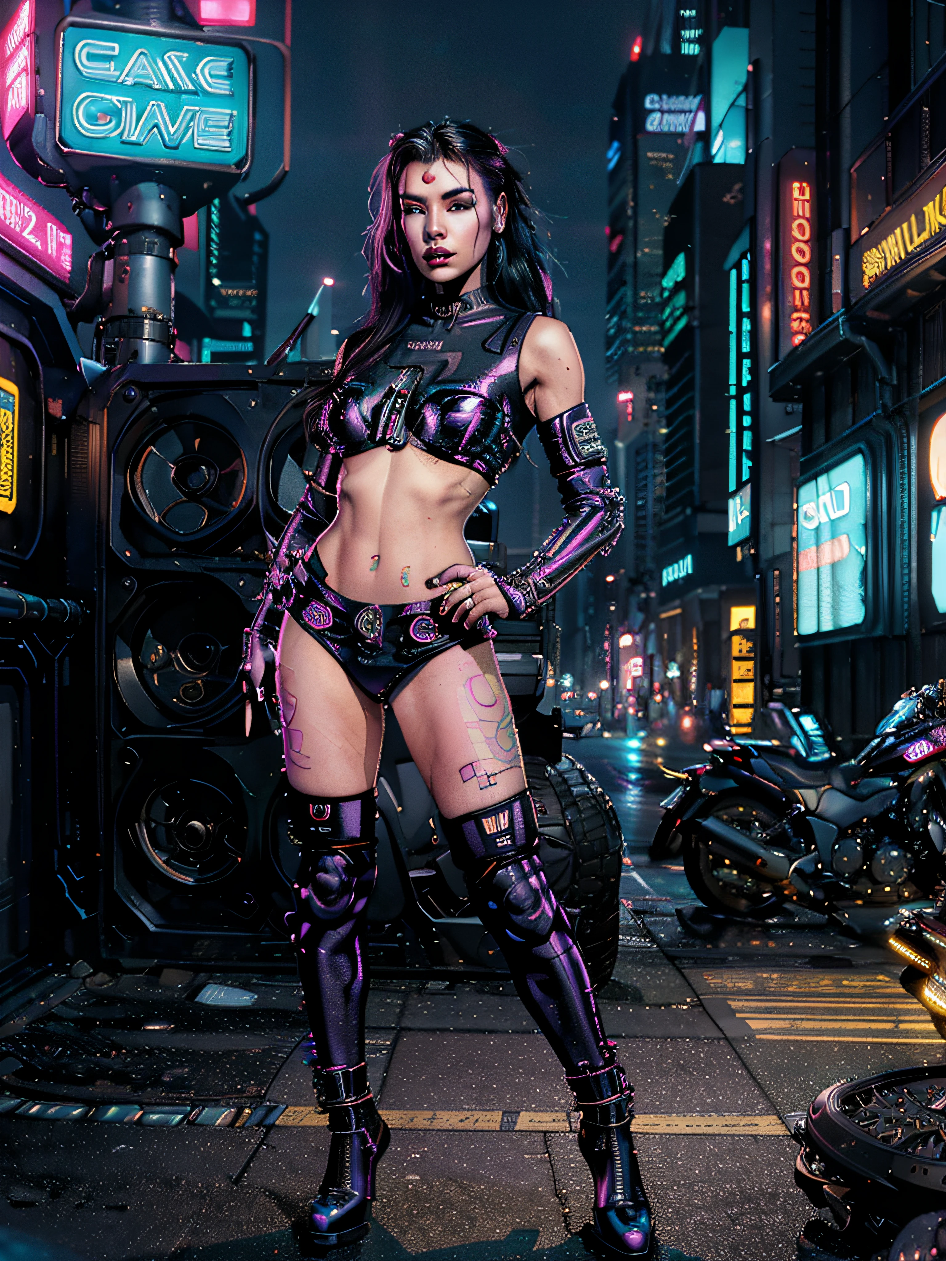 masterpiece, best quality, Confident cyberpunk girl, full body shot, standing in front of motorcycle, , eye-catching accessories, trendy and innovative hairstyle, vibrant makeup, Cyberpunk dazzling city scape, , neon signs, LED lights, bright and vivid color scheme, illustration, detailed skin texture, detailed cloth texture, beautiful detailed face, intricate details, ultra detailed. art by Ray shark