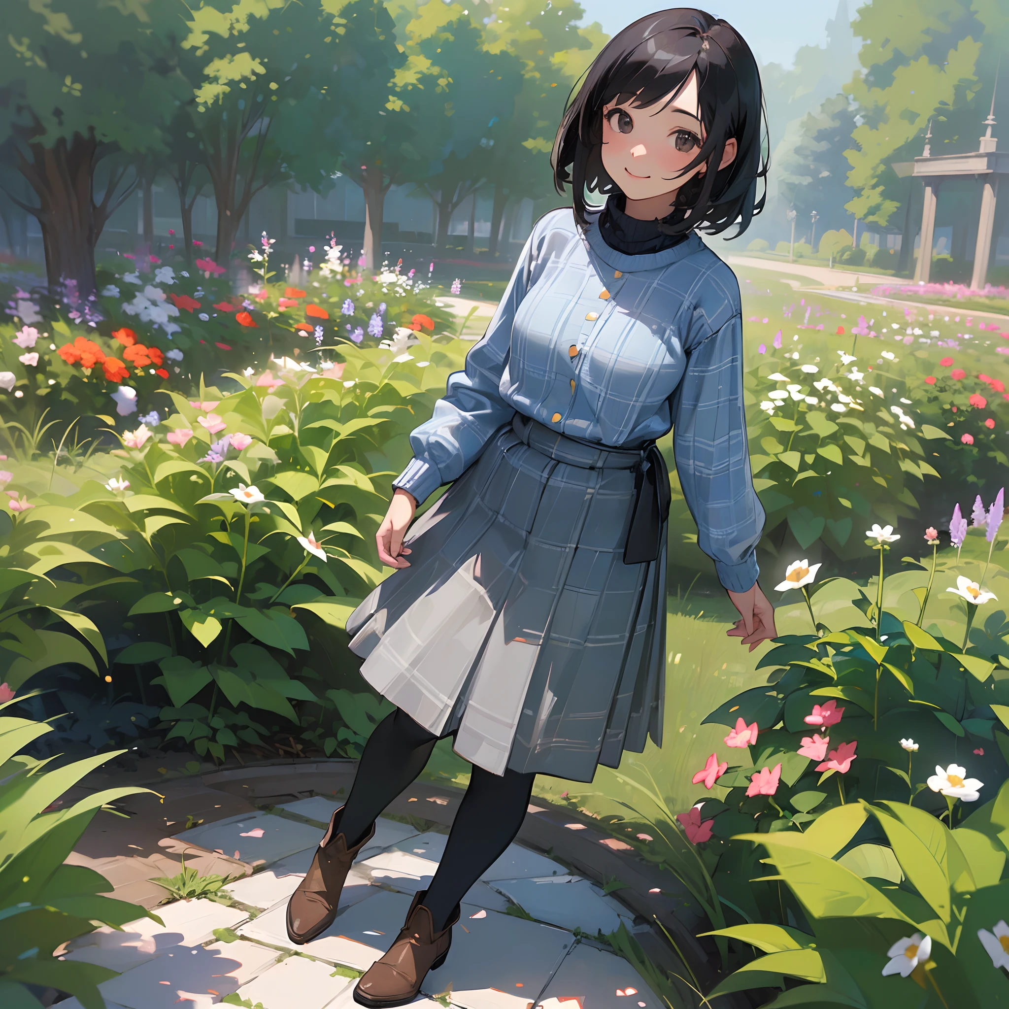 (High quality, High resolution, Ultra-detailed, Realistic:1.37), peaceful ambiance, (plein air, garden), girl standing alone, Beautiful detailed features, Cute smile, (Black bob hair), Rib Sweater, blue plaid skirt, Black tights, Brown boots.