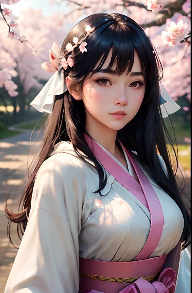 (A logo、​masterpiece、8K、masutepiece、Raw photo、Fantastic、Best Quality、Photorealistic、extremely detailed CG unified 8k wallpaper、hightquality、ighly detailed、epic poem、Particle effect、Dynamic effects、depth of fields、Cinematic Light、Lens Flare、Ray tracing)、Fantasia、(1 beautiful woman in a white coat、asian human、japanes、robe blanche、Japanese dress、A dark-haired)、Pink cherry blossom tree、Petals flutter、Sakura blizzard、Superb view、morning glow、Sun in the background、the wind、Deities、tusk、myth、Vast Land、