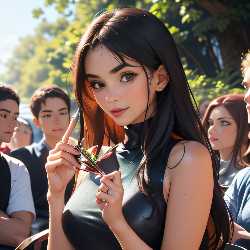 (Extremely detailed 8k wallpaper), (sfw:2), (photo:2), (soigne Beautiful girl:2), (gives a lecture to friends:2), detailed (Face and eyes), (hyper realistic:1), (highly detailed:1), (epic realistic:1), rim light, (maximum details:1), cozy, (fullbody:1), (looking at viewer:2), (Woman's Attractive Qualities:2), (Attractive Woman:2), (Attractive:2), Smile, Intelligence, Empathy, Gracefulness, Sense of Style, Fitness, Grooming, Optimism, (Sensitivity:2), Sincerity, Romantic Gestures, Playfulness, Fashion Sense, (Sensuality:2), Charm, Modesty, Thoughtfulness, (Femininity:1), Flirtatiousness, Warmth, (Physical attractiveness:2), A beautiful smile, A love of life, strength and power, vulnerability, curiosity, wonder, love, (nature background:2), kawaii, waifu, Beautiful breasts, (attractive body:2), (Beautiful body:2), Beautiful pose, attractive pose, (spread legs:1.0), hot pose, provocative pose, (demi-season black clothes:1), (sexy black clothes:1), (classic black clothes:2), (elegant black clothes:2), (European clothes:2), (black turtleneck:2)