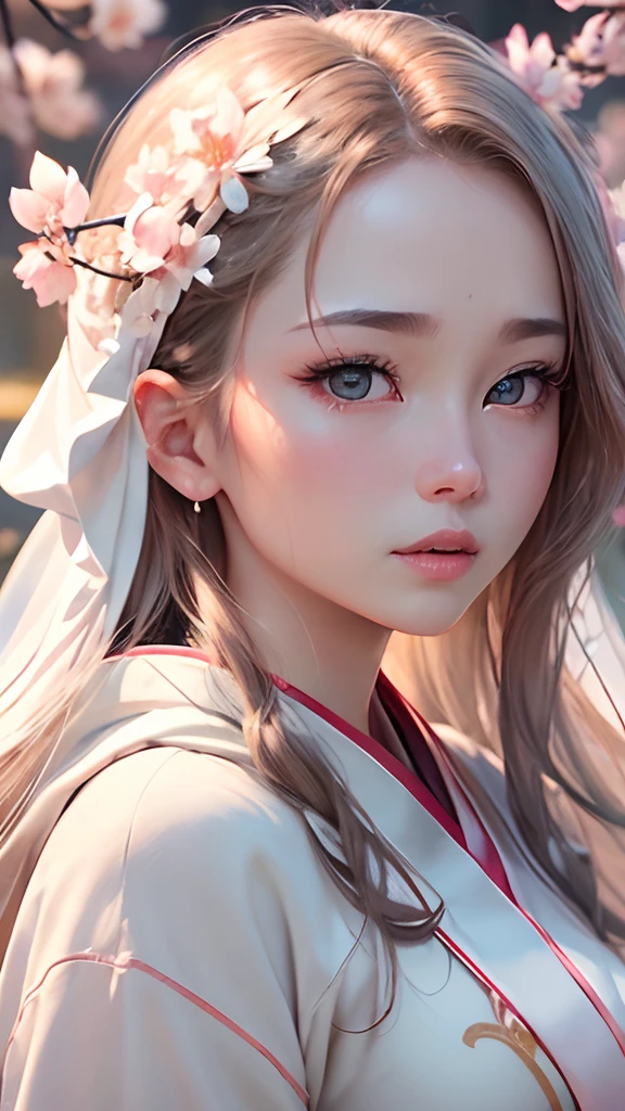 (A logo、​masterpiece、8K、masutepiece、Raw photo、Fantastic、Best Quality、Photorealistic、extremely detailed CG unified 8k wallpaper、hightquality、ighly detailed、epic poem、Particle effect、Dynamic effects、depth of fields、Cinematic Light、Lens Flare、Ray tracing)、Fantasia、(1 beautiful woman in a white coat、robe blanche、Japanese dress、Beautiful face、Real Face、Beautiful detail eyes、Beautiful skin)、Pink cherry blossom tree、Petals flutter、Sakura blizzard、Superb view、morning glow、Sun in the background、the wind、Deities、tusk、myth、Vast Land、