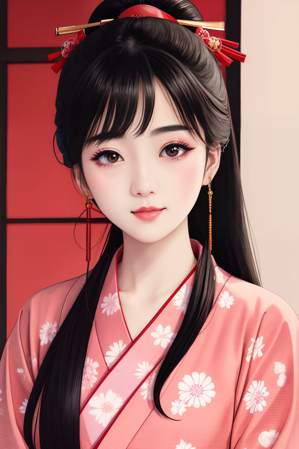 ((Big、a small face、No exposure))、top-quality、​masterpiece、（Bun hair Black hair、Ponytail hair）、Brown eyes、｟From the buttocks up is the whole body、Diagonally horizontal｠、(４In K、​masterpiece、hight resolution、Realistic and beautiful light and shadow、One girl、Solo Focus、(top-quality)、(Hi-Res)、(extremely delicate and beautiful)、(Beautiful 8k face)、(I close my eyes while smiling.)、(独奏)、(Clear skin)、(Soft hair)、(7headed body)、(Japanese-style yukata kimono with red and pink checkered pattern isolated on white background、Beautiful girl in Japan wearing yukata)、((Hair in a bun))、((Tanabata decoration background))、((a small face))、(reality)、thin and small nose、（red lipsticks）、（Reddening cheeks）、（Lustrous skin）、((Ukiyo-e style))、Ultra-thin eyebrows、Ultra high image quality、（Wearing maiko-style makeup）、skin whitening、long and beautiful lashes、Lustrous skin that changes like a model in a Kyoto magazine、（Red-dyed cheeks）,Nasal muscle